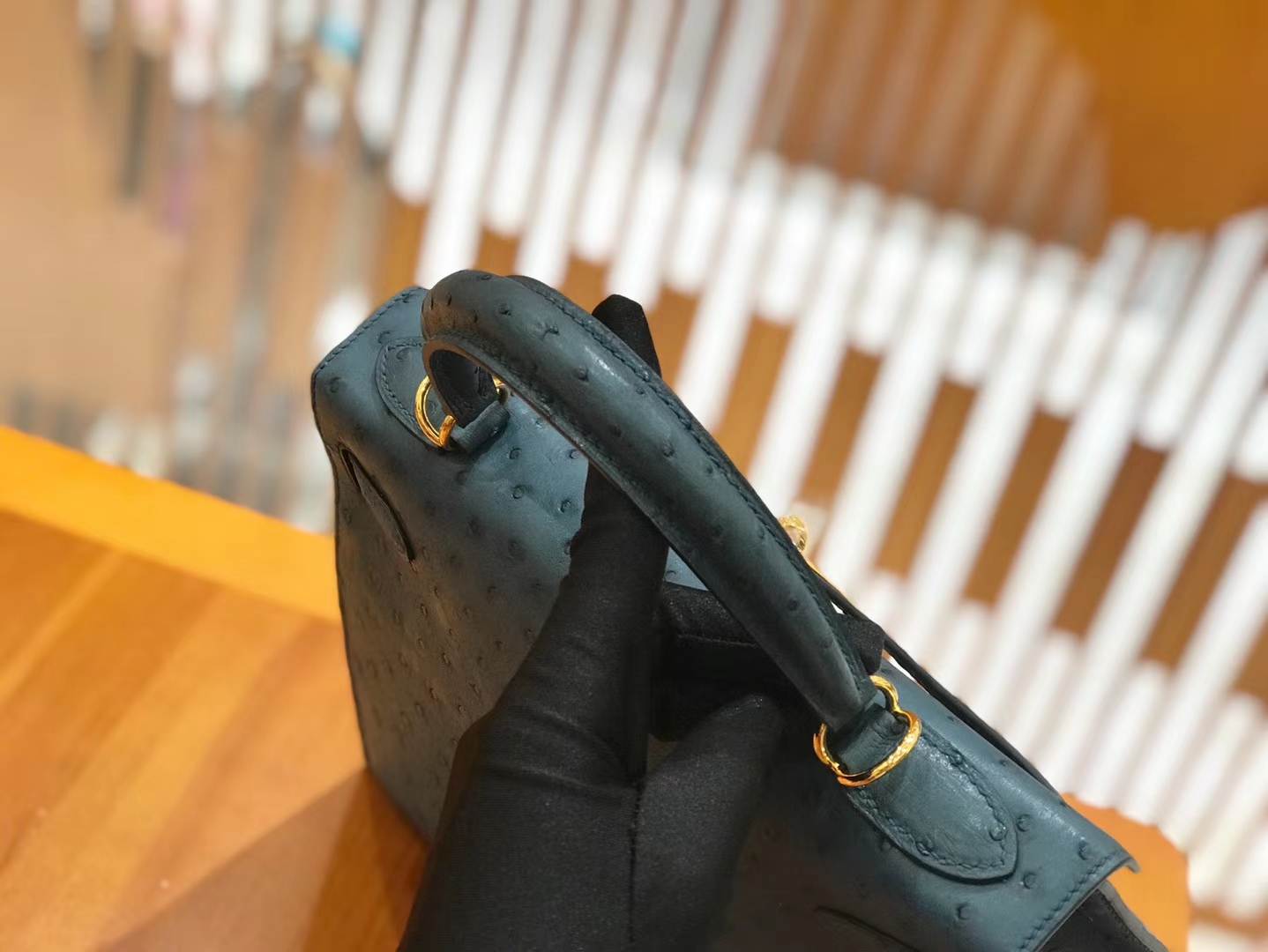 Hermès（爱马仕）kelly 28cm 靛蓝 进口kk鸵鸟皮 蜡线 全手工缝制