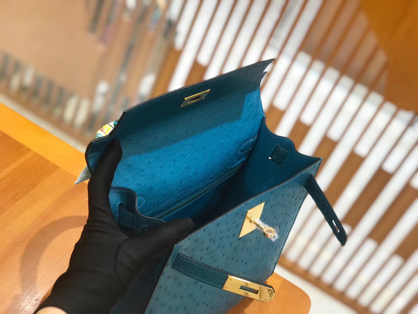 Hermès（爱马仕）kelly 28cm 孔雀蓝 进口kk鸵鸟皮 蜡线 全手工缝制