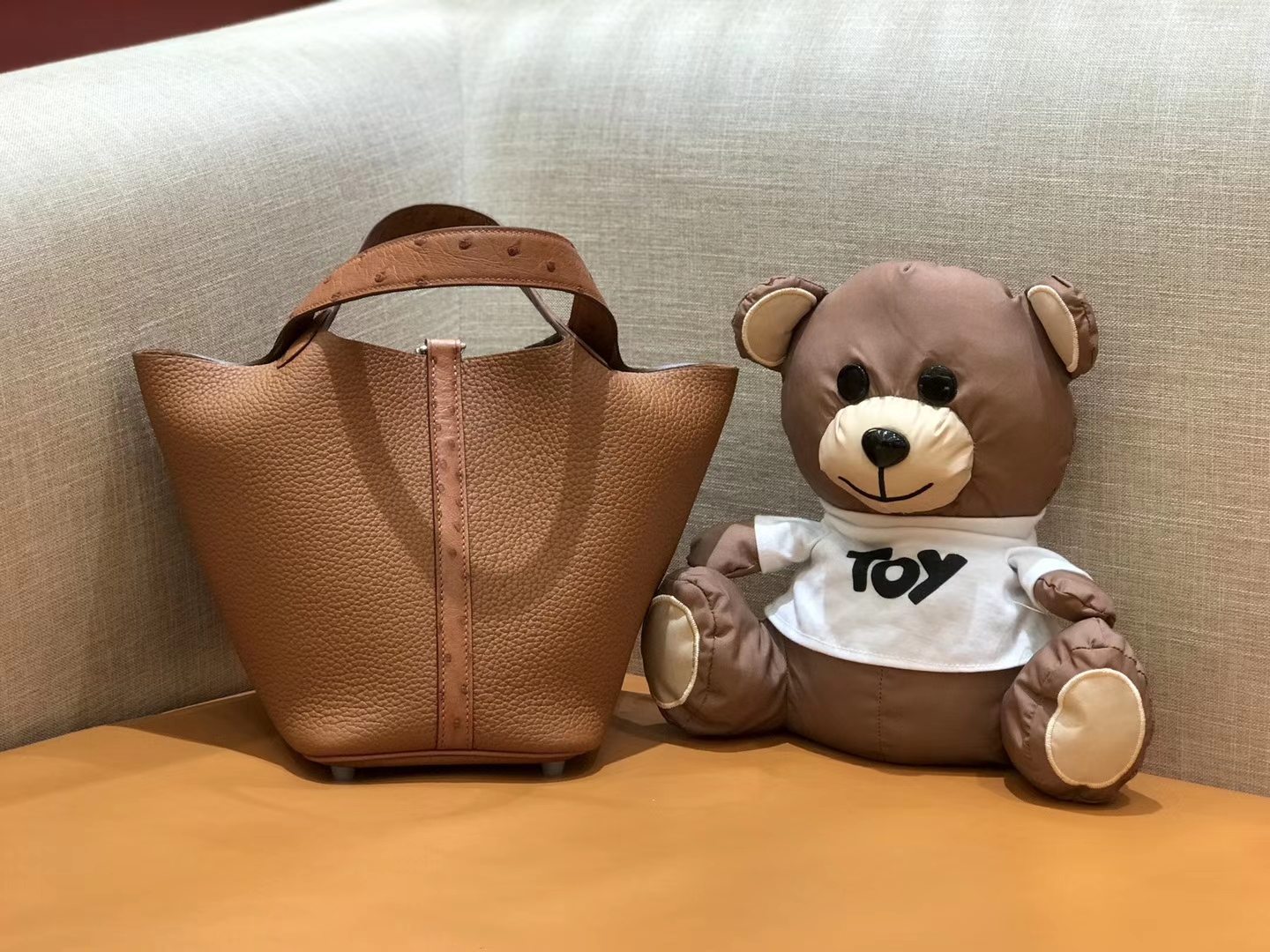 Hermès（爱马仕）菜篮子 18cm 焦糖色 鸵鸟皮拼togo小牛皮 原版蜜蜡线 顶级手缝