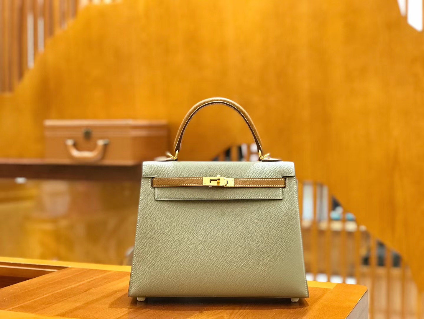 Hermès（爱马仕）Kelly 25cm 斑鸠灰拼金棕 Epsom 掌纹小牛皮 金扣 原版蜜蜡线 顶级手缝