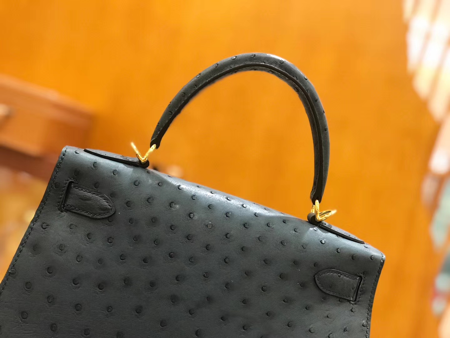 Hermès（爱马仕）kelly 28cm 靛蓝 进口kk鸵鸟皮 蜡线 全手工缝制