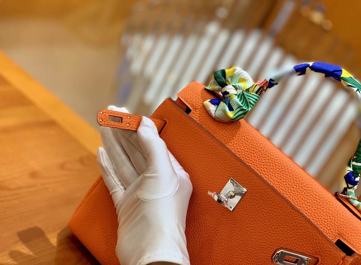 Hermès（爱马仕）Kelly 25cm togo 牛皮 橙色 鳄鱼皮工序版本 全手工缝制