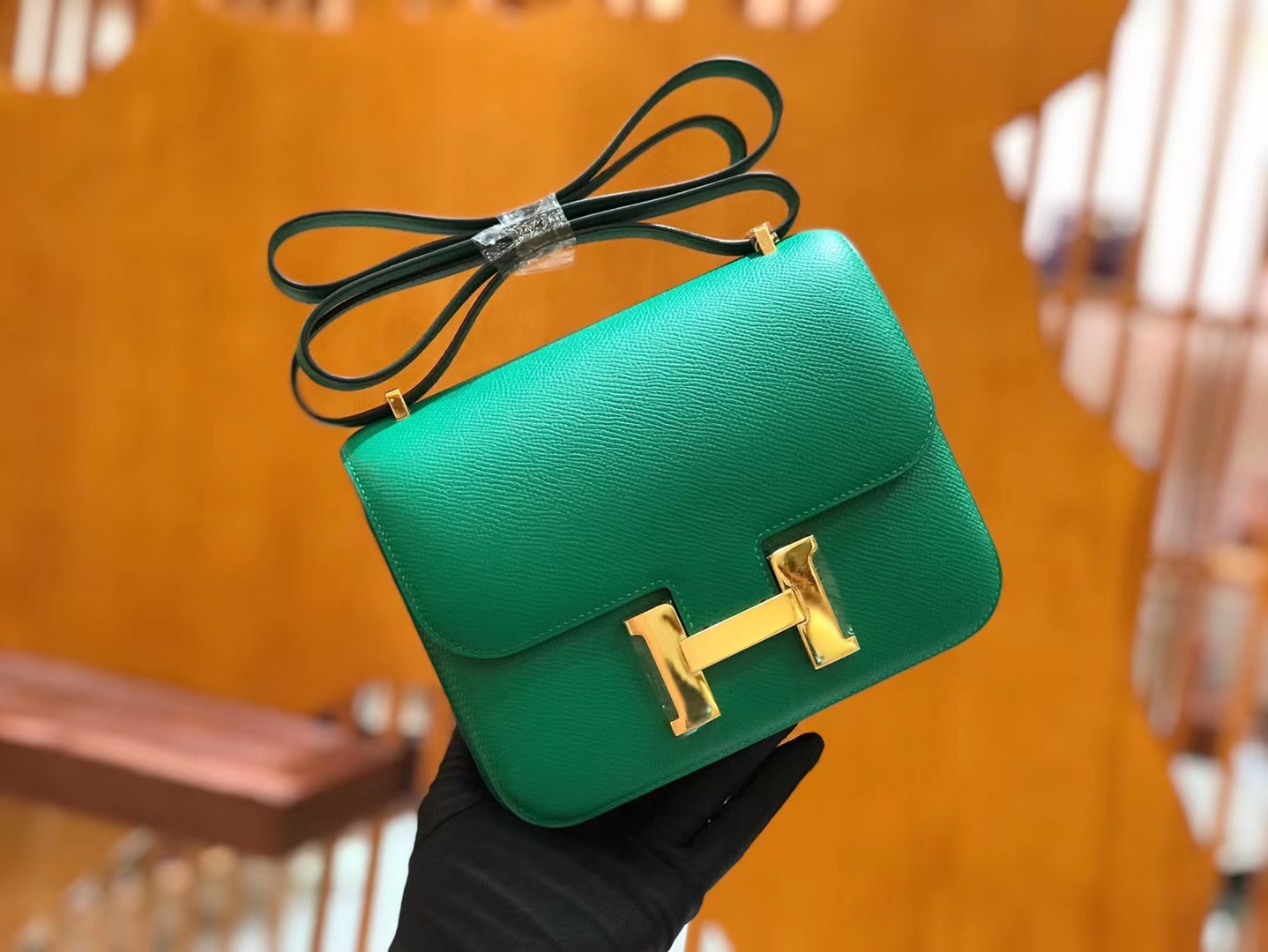 Hermès（爱马仕）康斯坦 18cm 丝绒绿 Epsom 掌纹小牛皮 金扣 原版蜜蜡线 顶级手缝