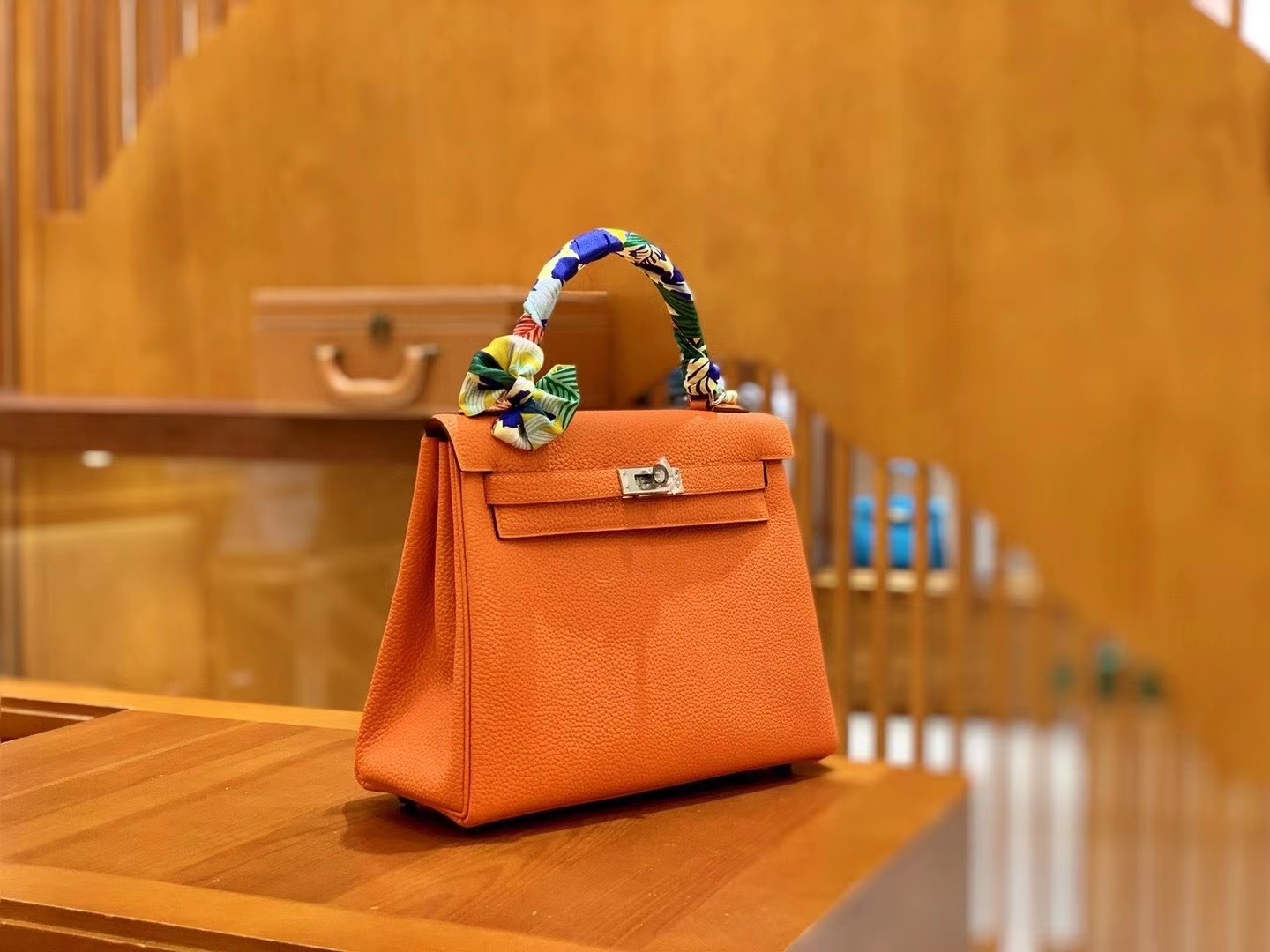 Hermès（爱马仕）Kelly 25cm togo 牛皮 橙色 鳄鱼皮工序版本 全手工缝制