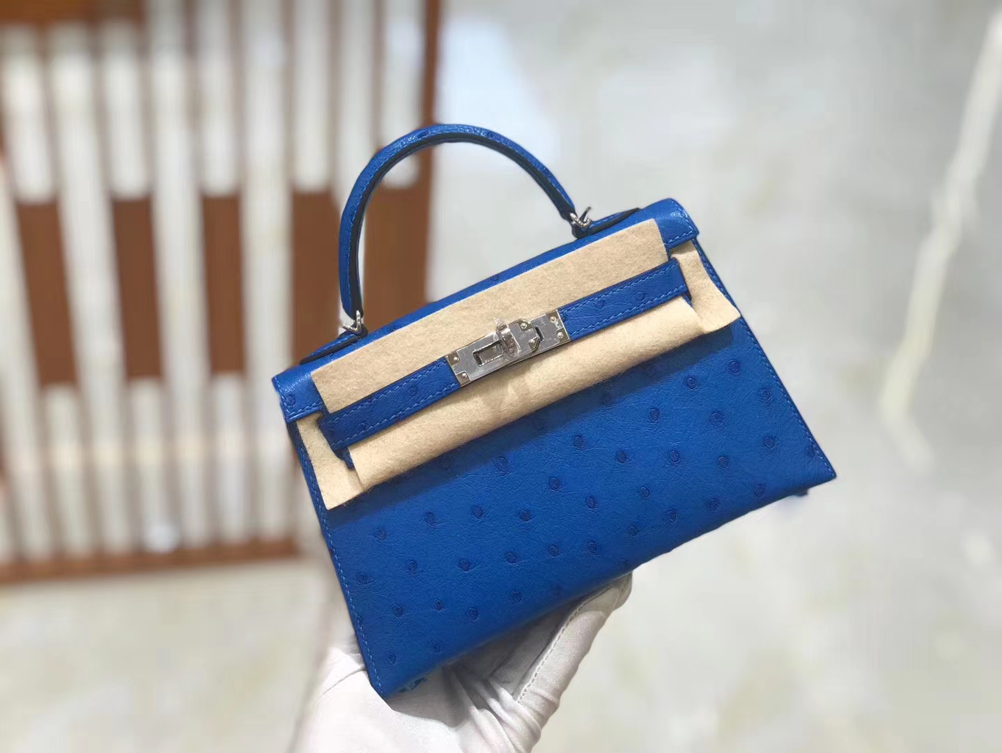 Hermès（爱马仕）Mini kelly 二代 水妖蓝 南非KK鸵鸟皮 银扣 原版蜜蜡线 顶级手缝