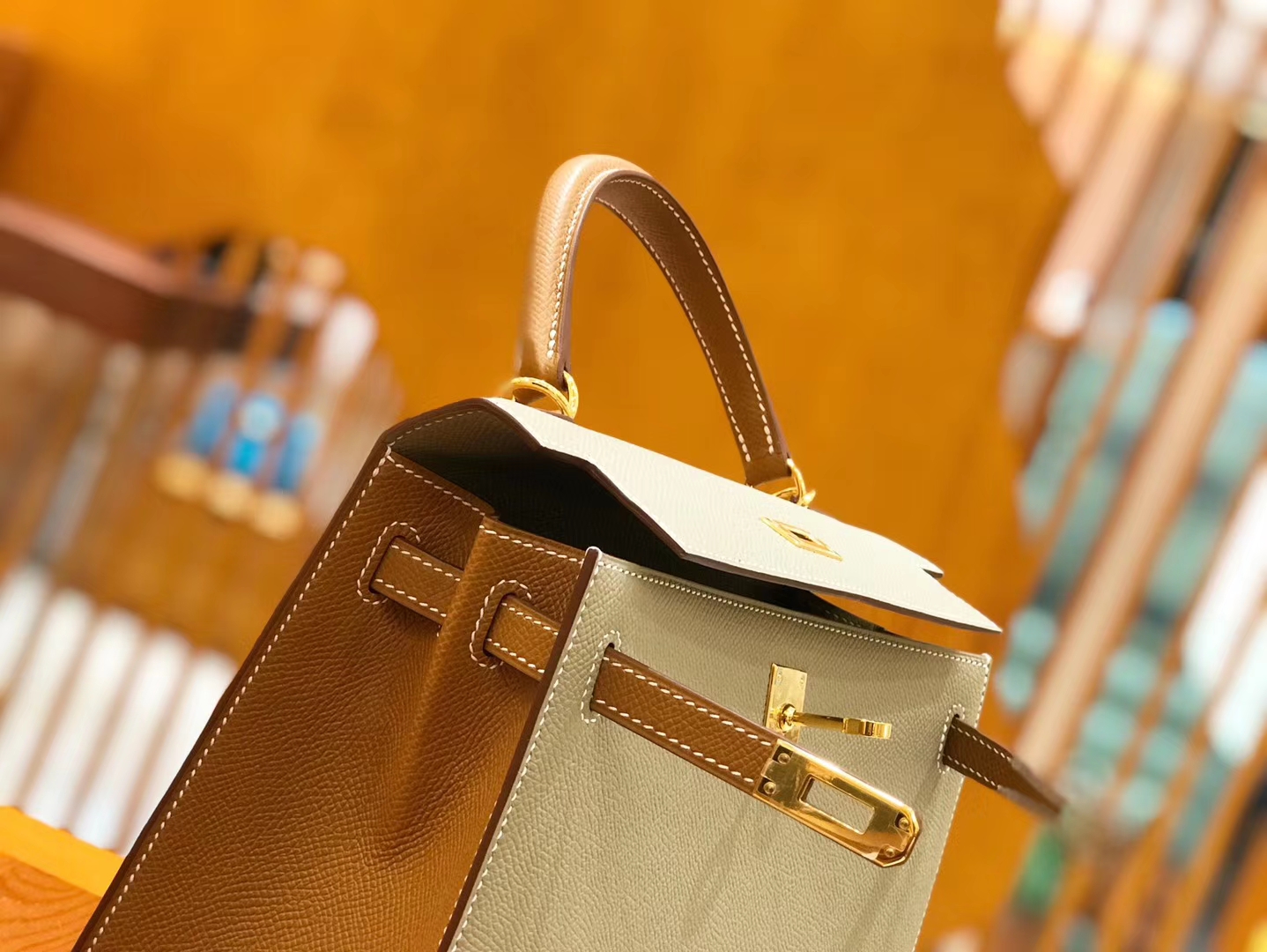 Hermès（爱马仕）Kelly 25cm 斑鸠灰拼金棕 Epsom 掌纹小牛皮 金扣 原版蜜蜡线 顶级手缝