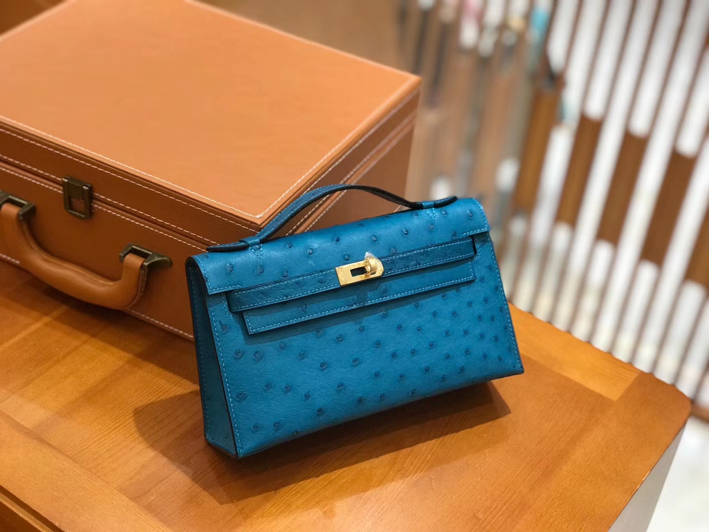Hermès（爱马仕）mini kelly 22cm 孔雀蓝 进口kk鸵鸟皮 蜡线 全手工缝制