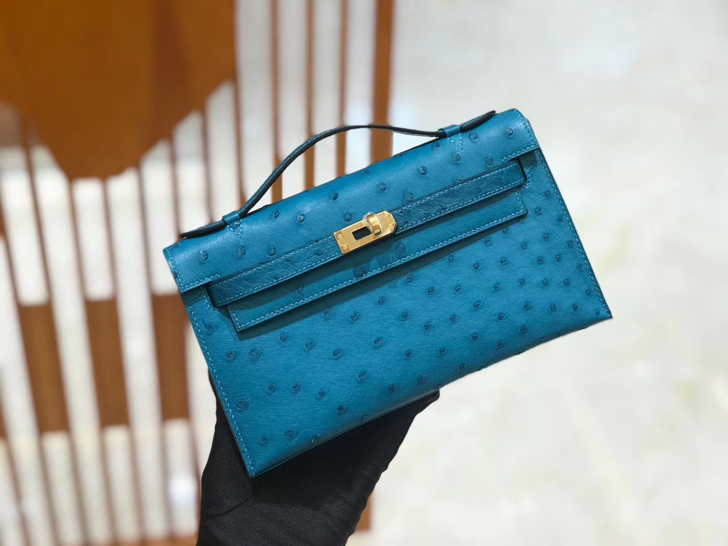 Hermès（爱马仕）mini kelly 22cm 孔雀蓝 进口kk鸵鸟皮 蜡线 全手工缝制