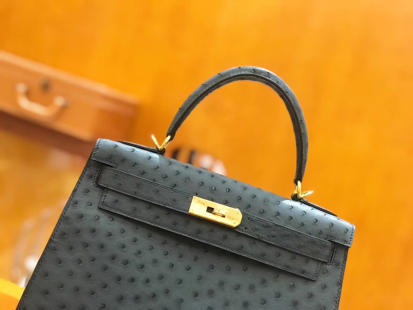 Hermès（爱马仕）kelly 28cm 靛蓝 进口kk鸵鸟皮 蜡线 全手工缝制