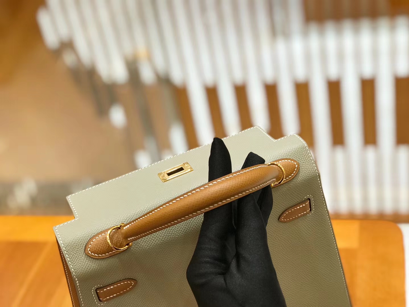 Hermès（爱马仕）Kelly 25cm 斑鸠灰拼金棕 Epsom 掌纹小牛皮 金扣 原版蜜蜡线 顶级手缝