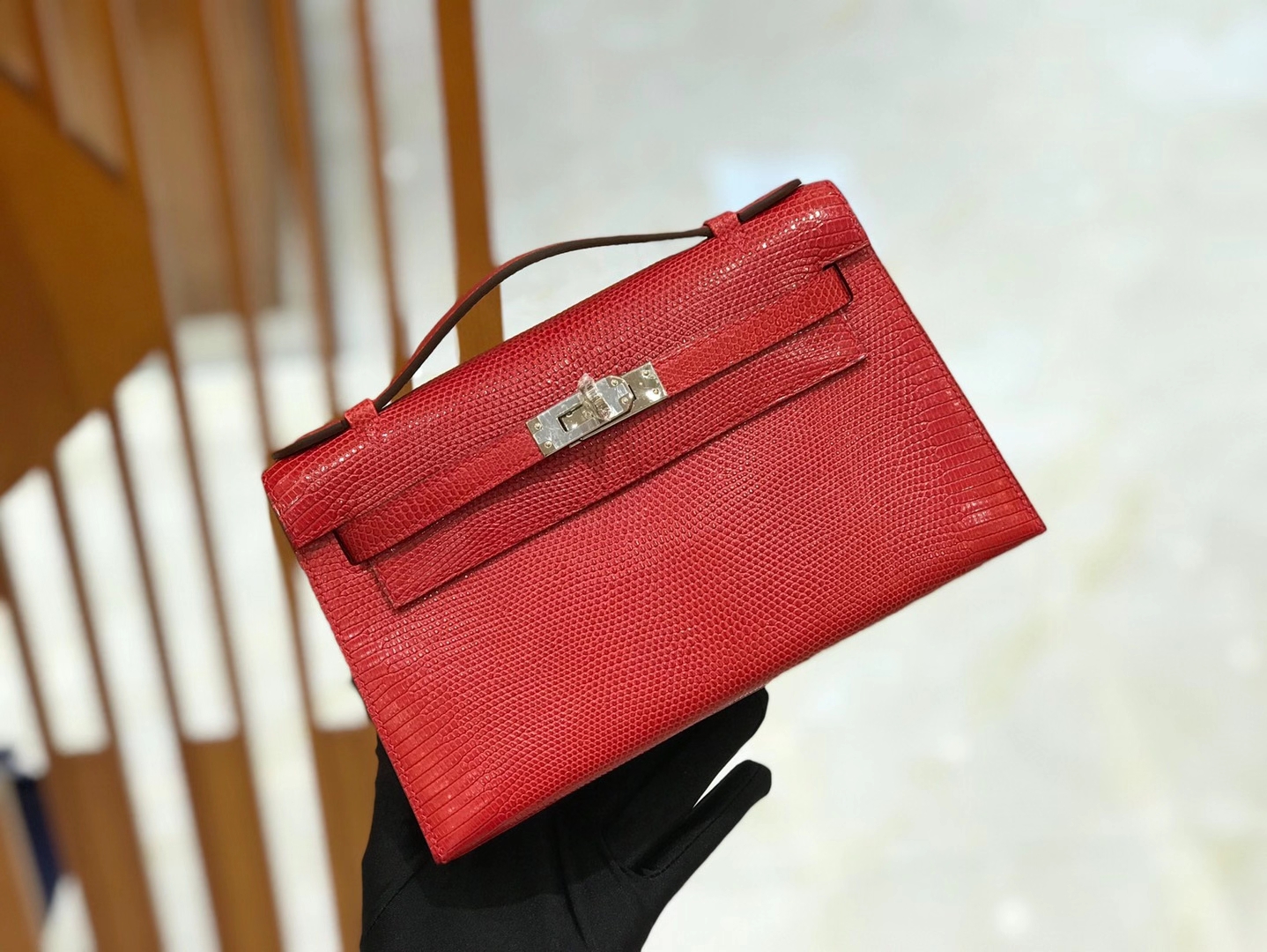 Hermès（爱马仕）Mini Kelly 22cm 大红 南非野生蜥蜴皮 银扣 全手工缝制 顶级高订