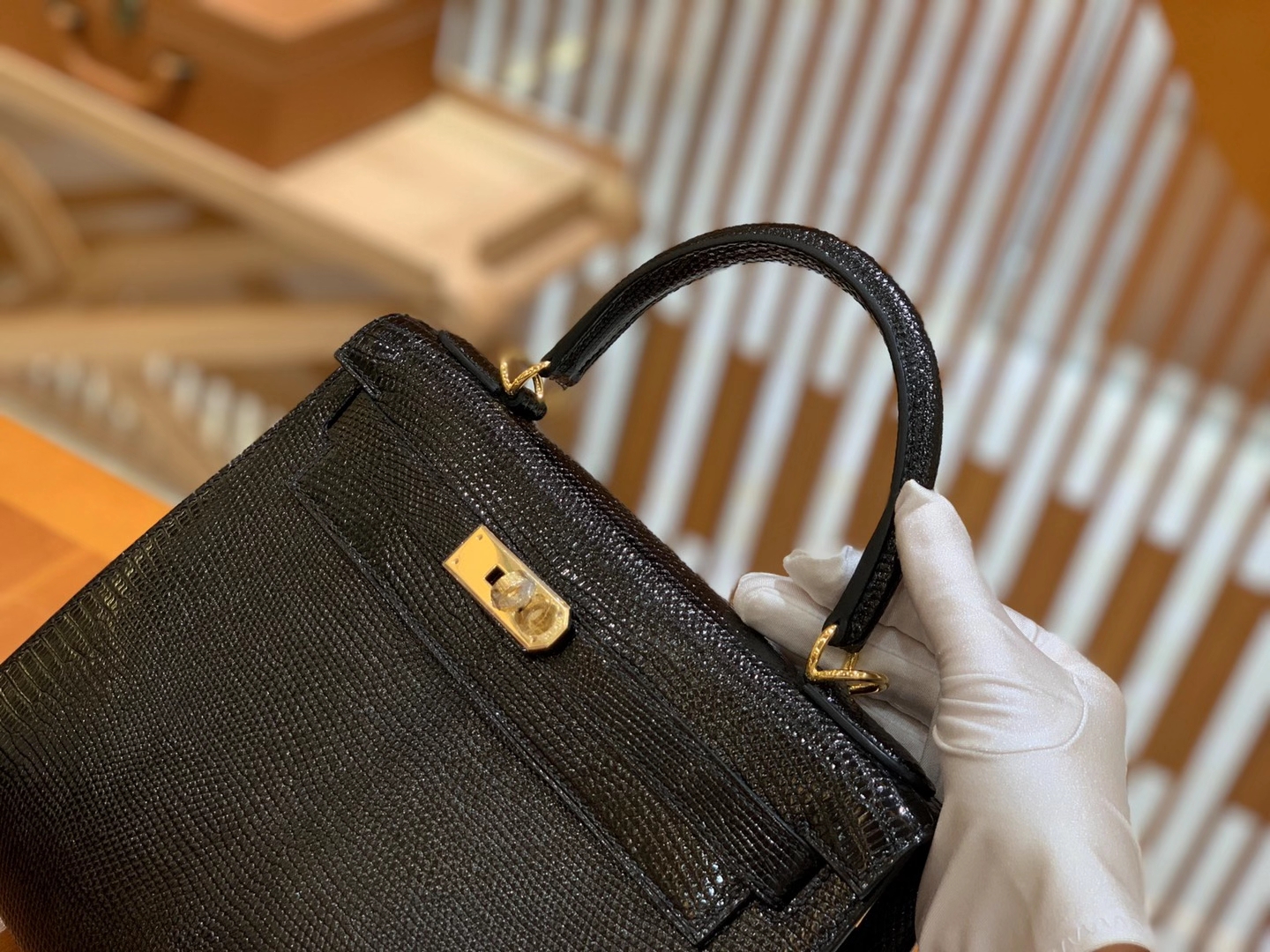 Hermès（爱马仕）Kelly 28cm 经典黑 金扣 南非野生蜥蜴皮 原版蜜蜡线 顶级手工缝制