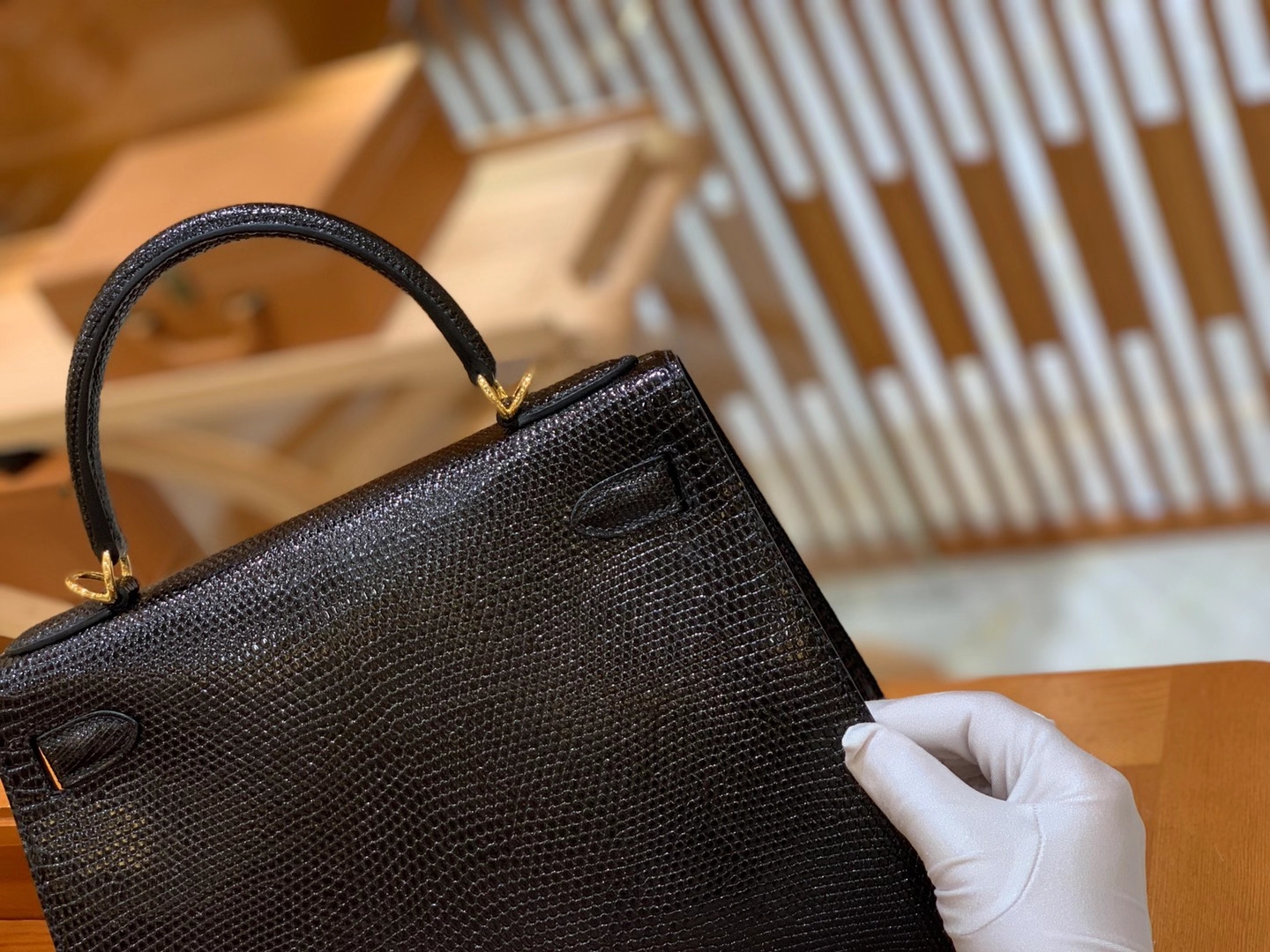 Hermès（爱马仕）Kelly 28cm 经典黑 金扣 南非野生蜥蜴皮 原版蜜蜡线 顶级手工缝制