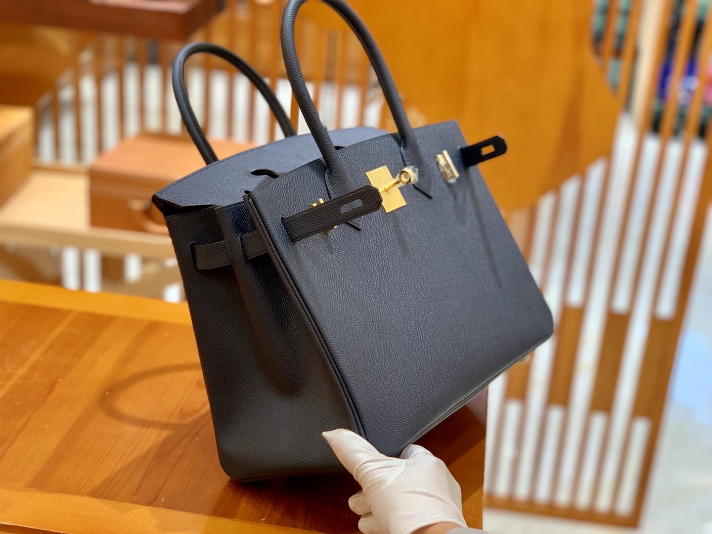 Hermès（爱马仕）Birkin 30cm 掌纹牛皮 内缝 午夜蓝 金扣 全手工缝制
