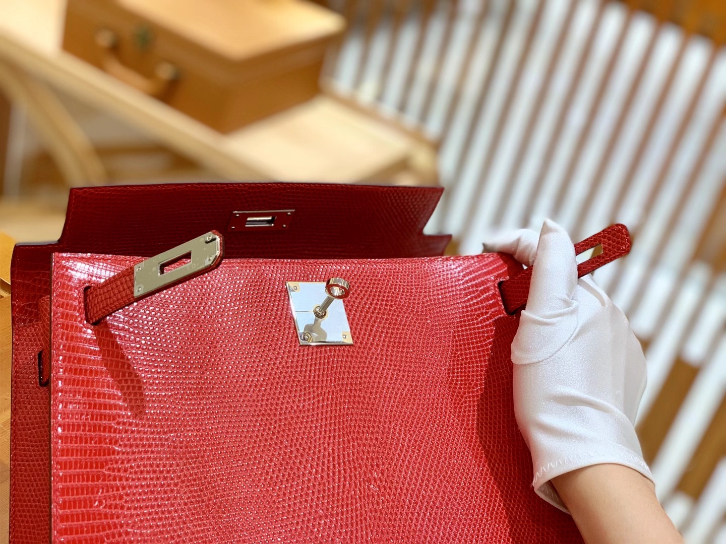 Hermès（爱马仕）Kelly 28cm 国旗红 银扣 南非野生蜥蜴皮 原版蜜蜡线 顶级手工缝制