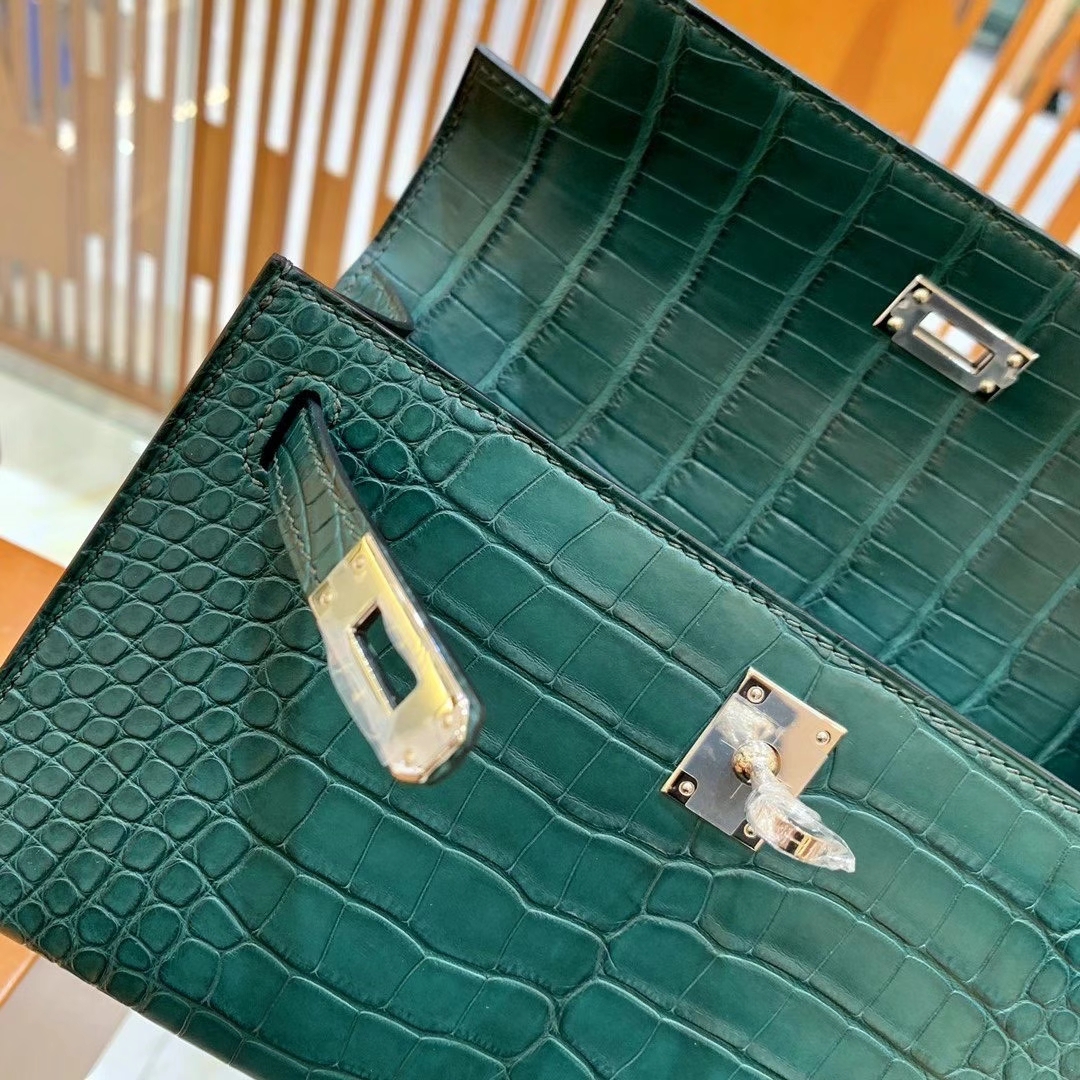 Hermès（爱马仕）Mini 一代 22cm 松柏绿 银扣 一级美洲鳄鱼皮 原版蜜蜡线