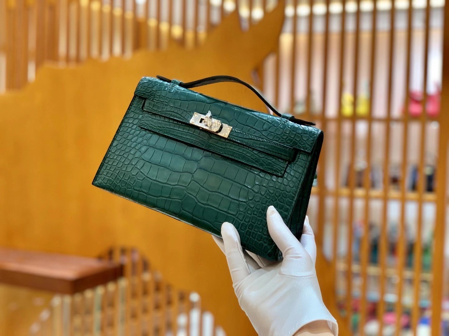 Hermès（爱马仕）Mini 一代 22cm 松柏绿 银扣 一级美洲鳄鱼皮 原版蜜蜡线