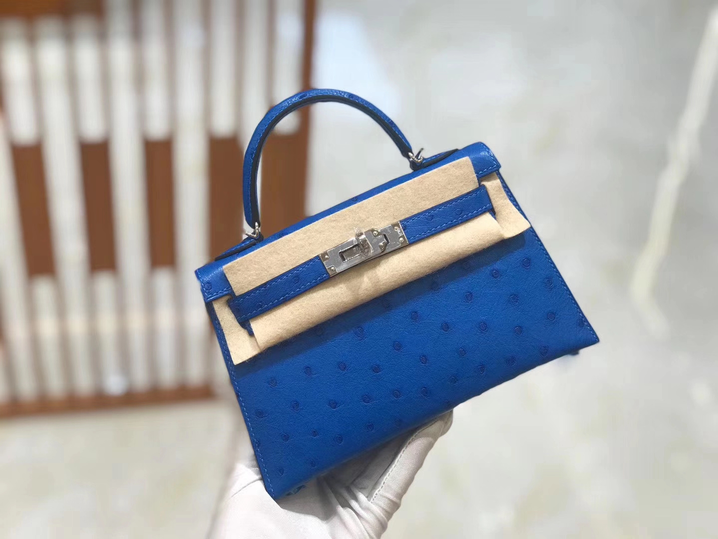 Hermès（爱马仕）迷你凯莉 2代 19cm 鸵鸟皮 新增现货 电光蓝 银扣