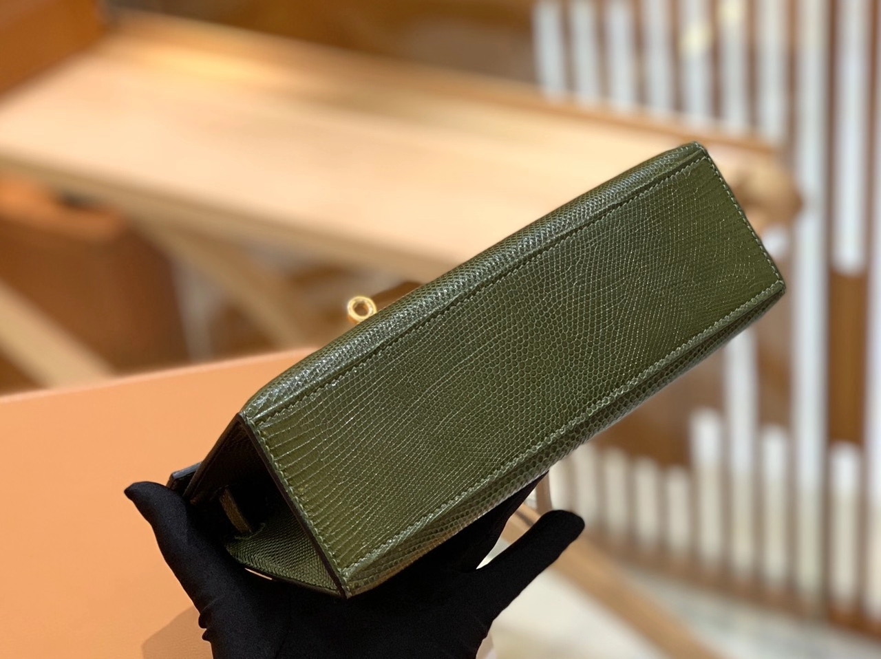 Hermès（爱马仕）Mini Kelly 22cm（迷你一代）南非野生蜥蜴皮 橄榄绿 金扣 原版蜜蜡线 顶级手工缝制