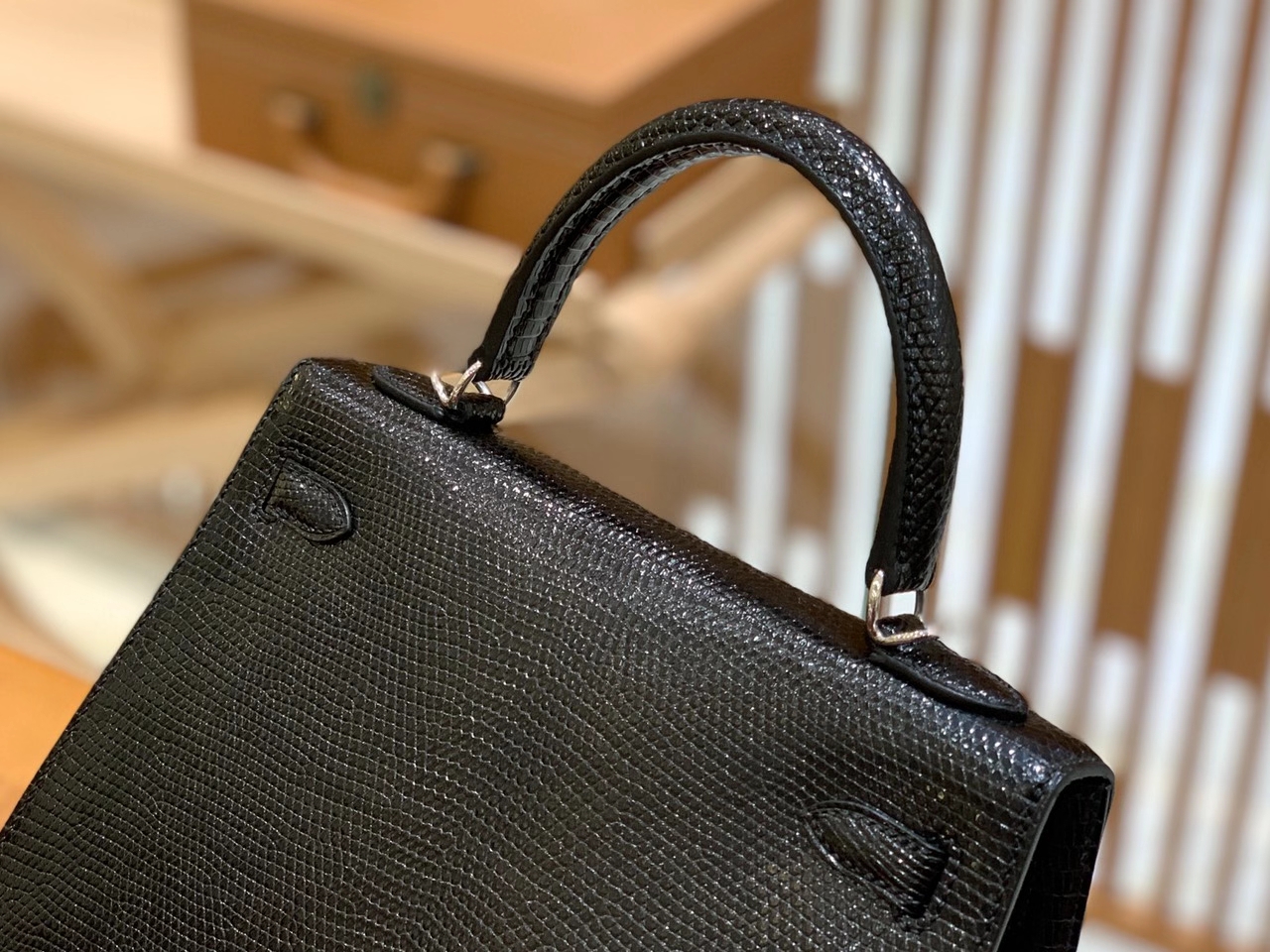Hermès（爱马仕）Kelly 25cm 经典黑 南非野生蜥蜴皮 银扣 原版蜜蜡线 顶级手工缝制