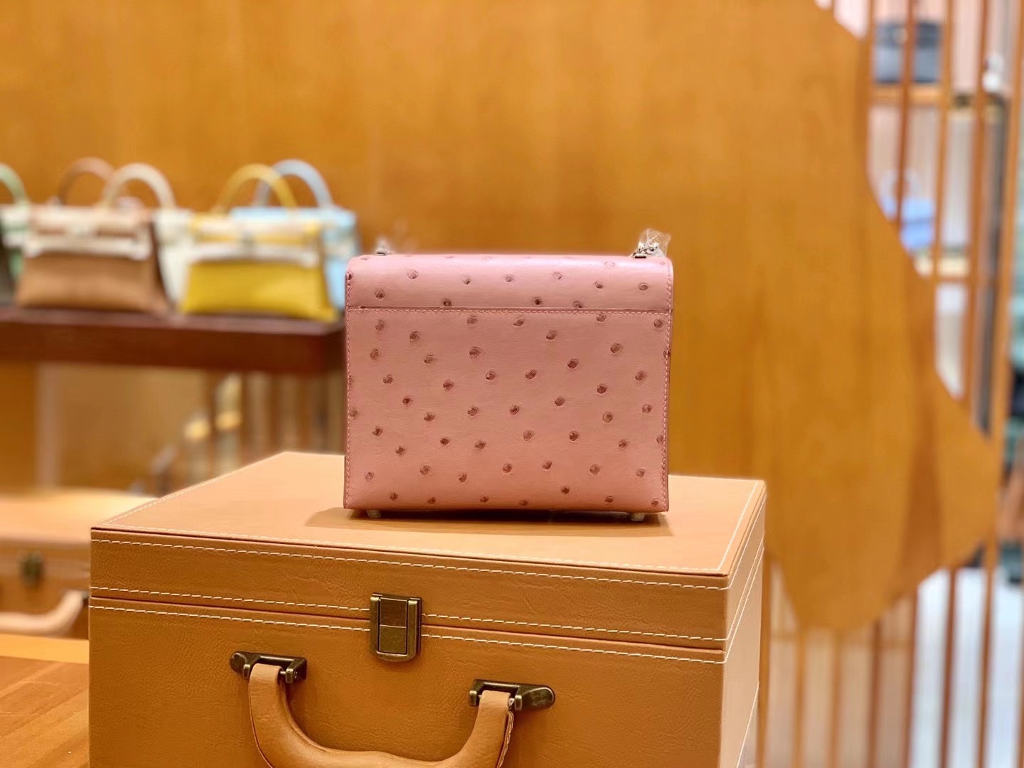 Hermès（爱马仕）手枪包 17cm 陶瓷粉 银扣 南非KK级鸵鸟皮 原版蜜蜡线 顶级手缝版本