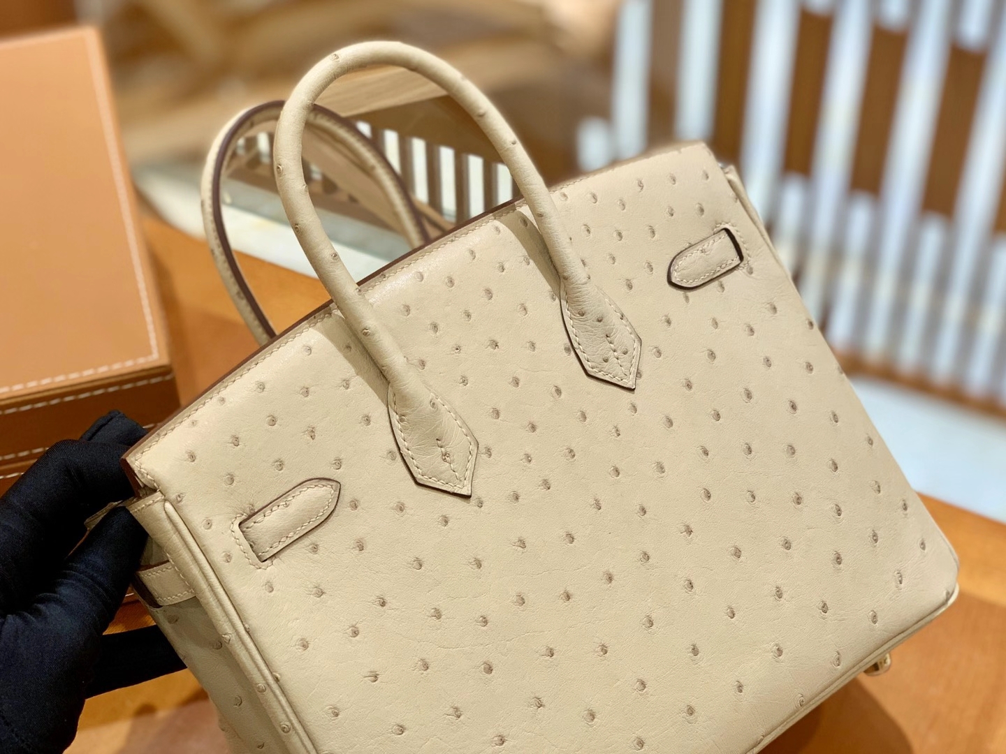 Hermès（爱马仕）Birkin 25cm 杏色 金扣 南非KK级鸵鸟皮 原版蜜蜡线 顶级手缝版本