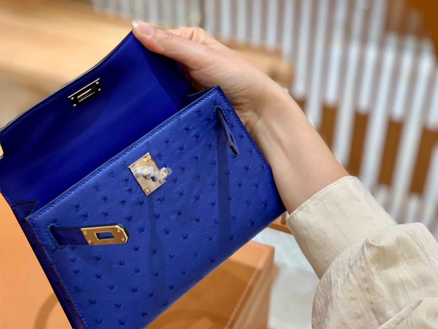 Hermès（爱马仕）Mini Kelly 二代 鸢尾蓝 银扣 南非KK级鸵鸟皮 原版蜜蜡线 顶级全手工缝制