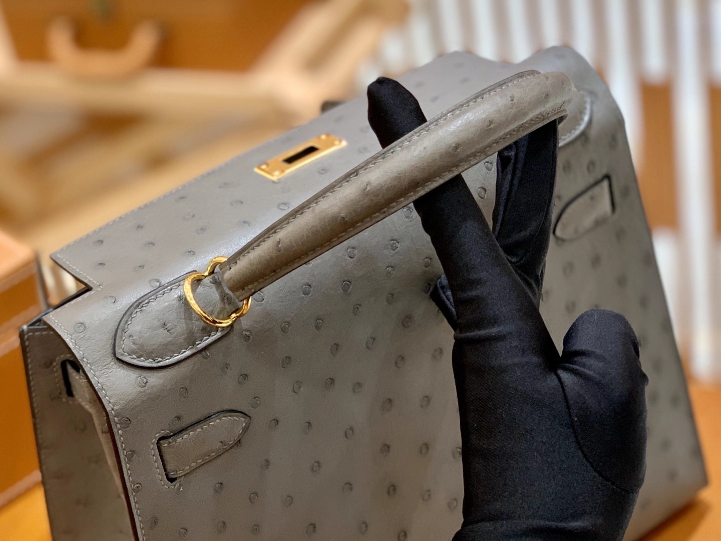 Hermès（爱马仕）Kelly 28cm 玛瑙灰 金扣 南非KK级鸵鸟皮 原版蜜蜡线 顶级手缝版本