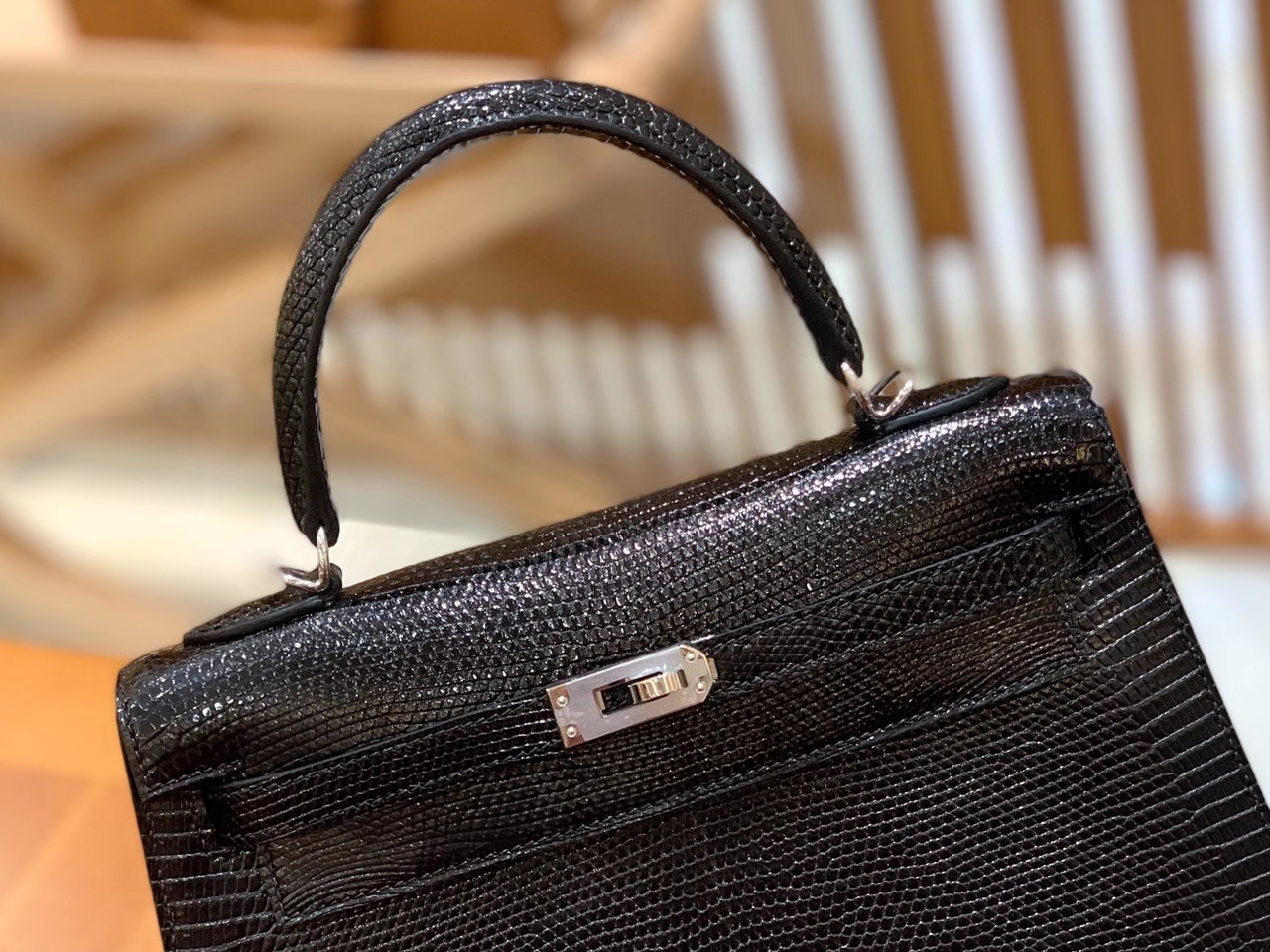 Hermès（爱马仕）Kelly 25cm 经典黑 南非野生蜥蜴皮 银扣 原版蜜蜡线 顶级手工缝制