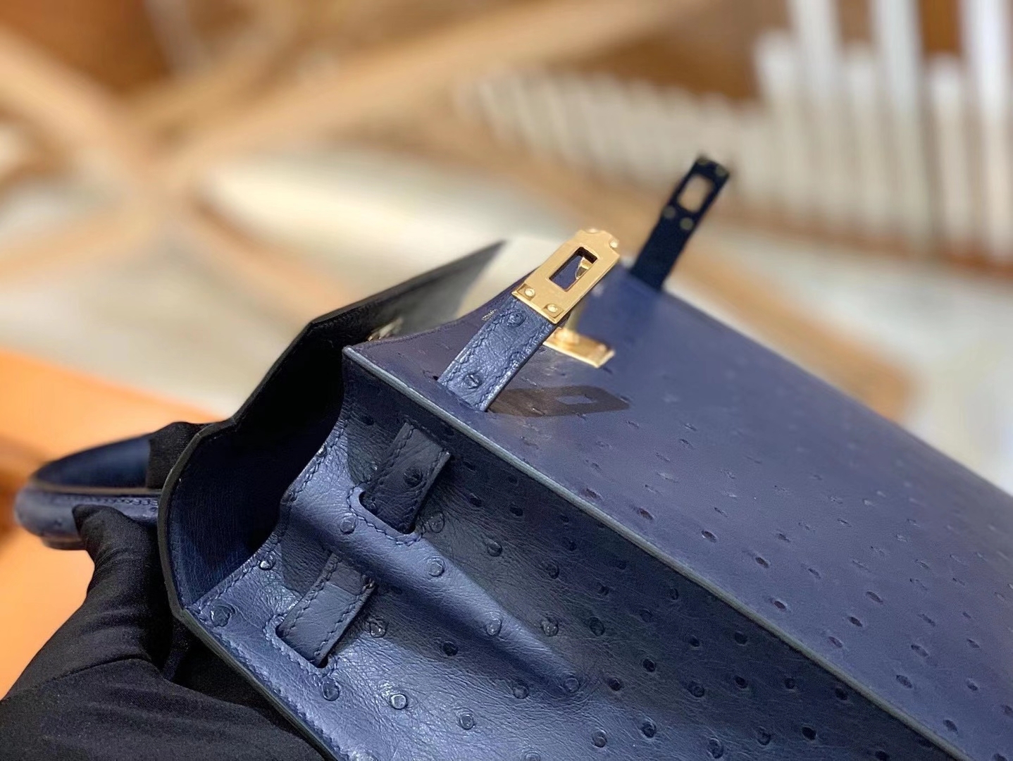 Hermès（爱马仕）Kelly 25cm 马耳他蓝 金扣 南非KK级鸵鸟皮 原版蜜蜡线 顶级手缝版本
