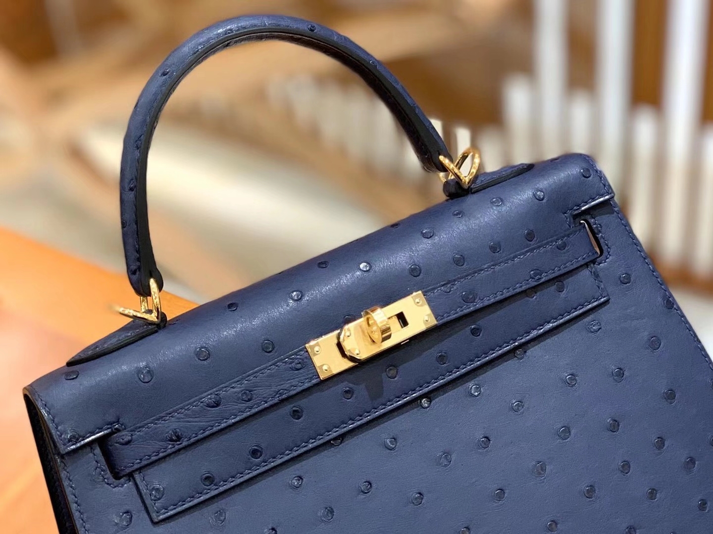 Hermès（爱马仕）Kelly 25cm 马耳他蓝 金扣 南非KK级鸵鸟皮 原版蜜蜡线 顶级手缝版本