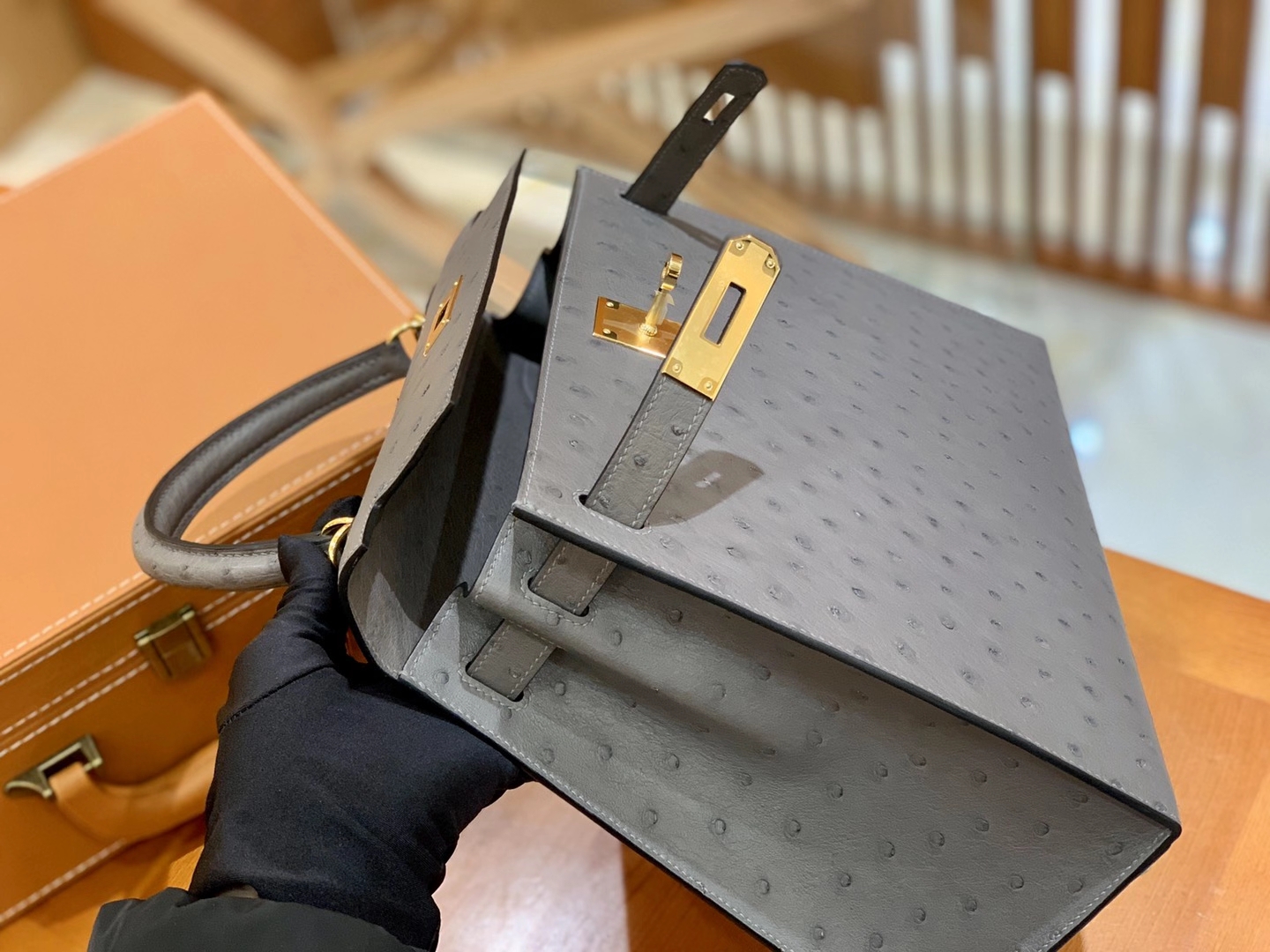 Hermès（爱马仕）Kelly 28cm 玛瑙灰 金扣 南非KK级鸵鸟皮 原版蜜蜡线 顶级手缝版本