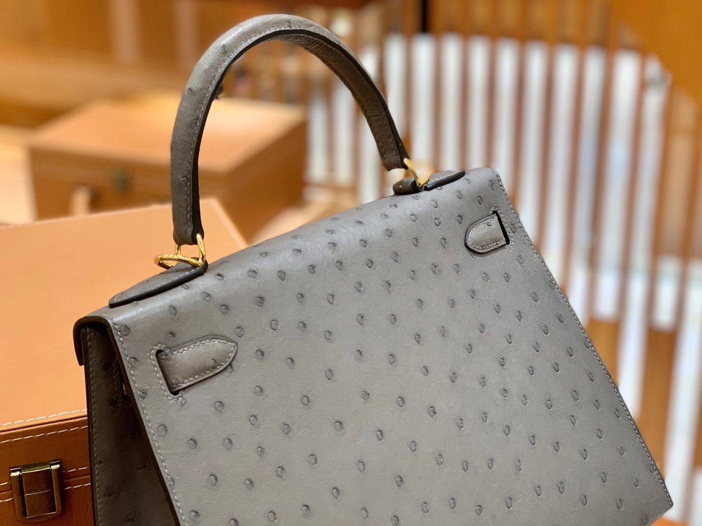 Hermès（爱马仕）Kelly 28cm 玛瑙灰 金扣 南非KK级鸵鸟皮 原版蜜蜡线 顶级手缝版本