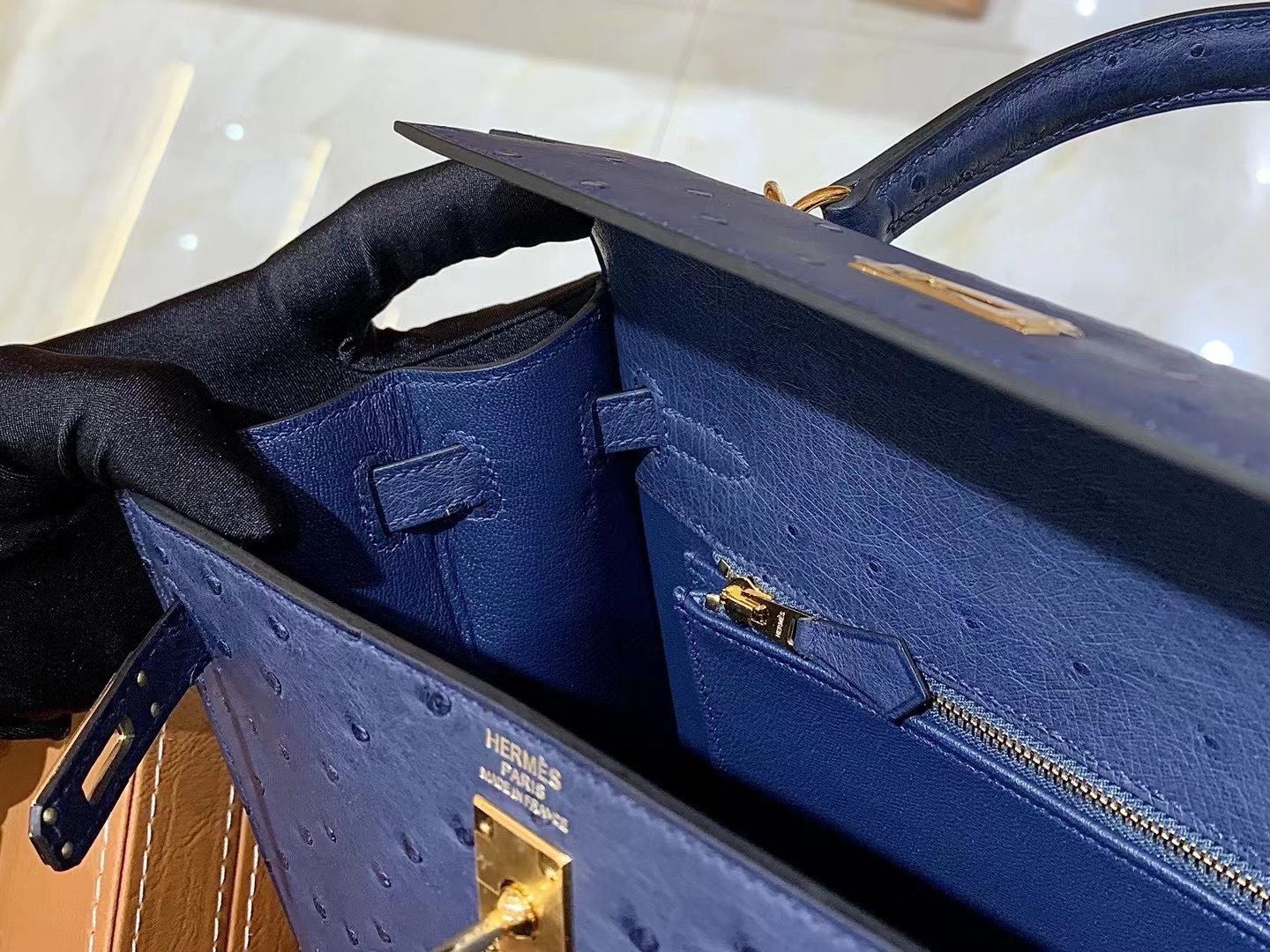 Hermès（爱马仕）Kelly 25cm 马耳他蓝 金扣 南非KK级鸵鸟皮 原版蜜蜡线 顶级手缝版本