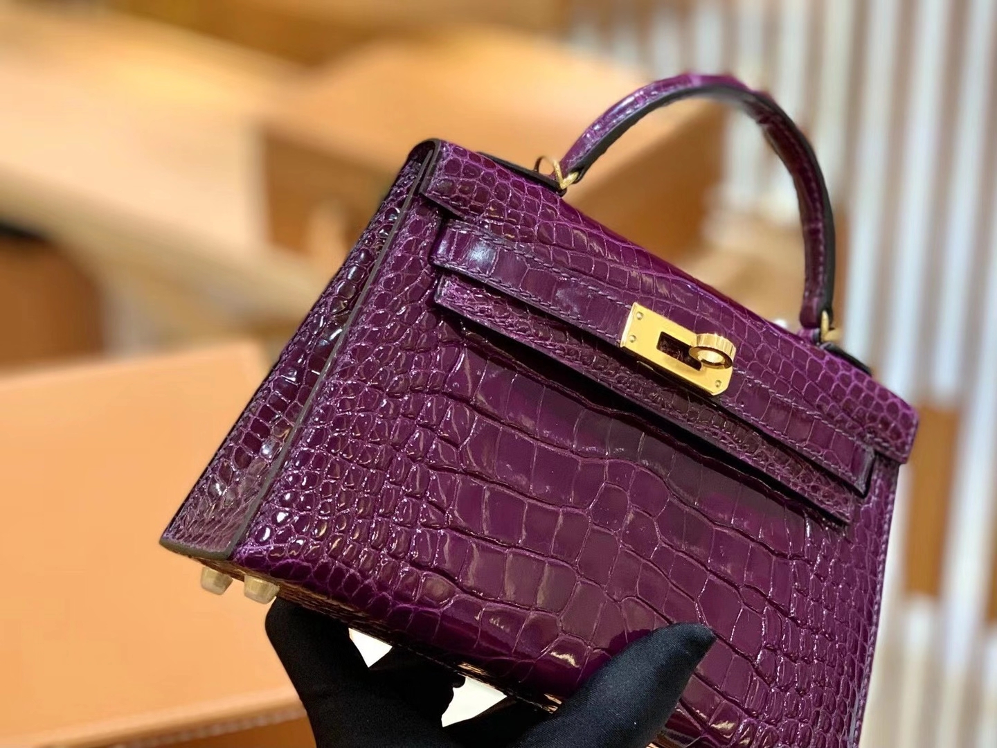 Hermès（爱马仕）Mini Kelly 二代 19cm 葡萄紫 一级美洲鳄鱼皮 原版蜜蜡线 顶级手缝版本