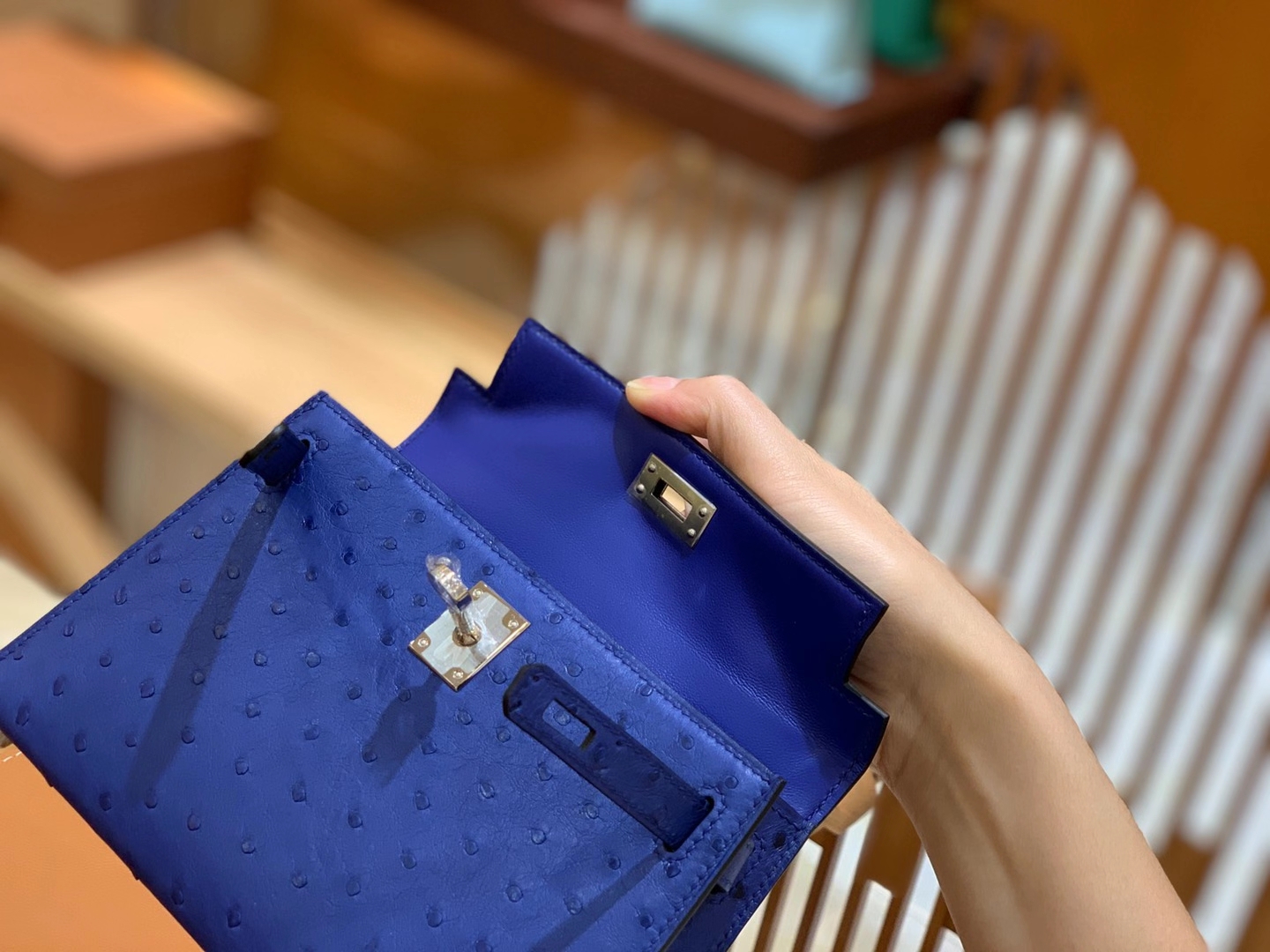 Hermès（爱马仕）Mini Kelly 二代 鸢尾蓝 银扣 南非KK级鸵鸟皮 原版蜜蜡线 顶级全手工缝制