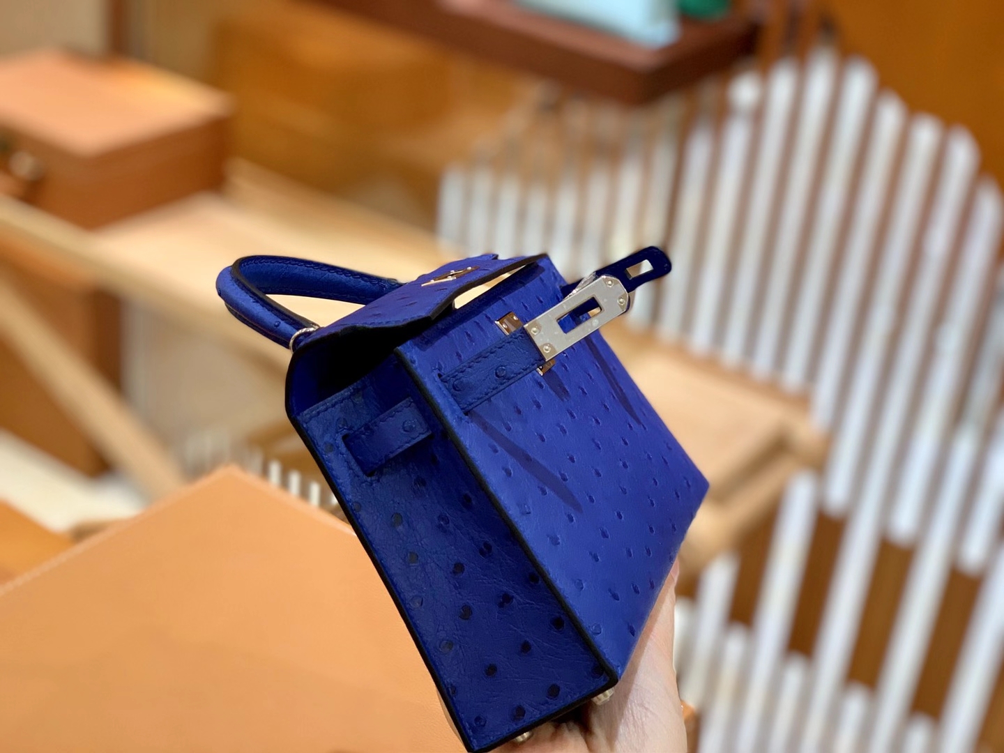 Hermès（爱马仕）Mini Kelly 二代 鸢尾蓝 银扣 南非KK级鸵鸟皮 原版蜜蜡线 顶级全手工缝制