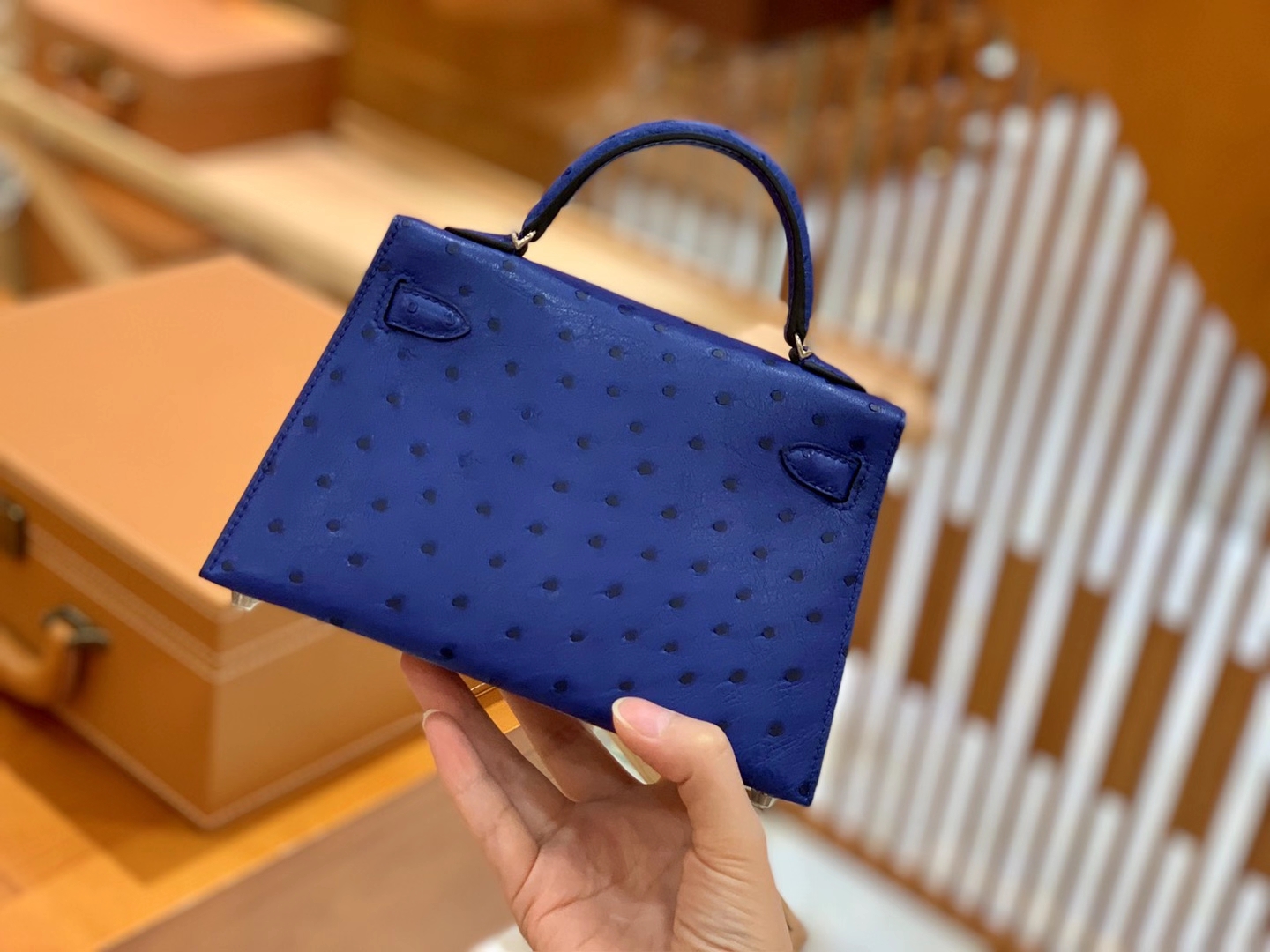 Hermès（爱马仕）Mini Kelly 二代 鸢尾蓝 银扣 南非KK级鸵鸟皮 原版蜜蜡线 顶级全手工缝制