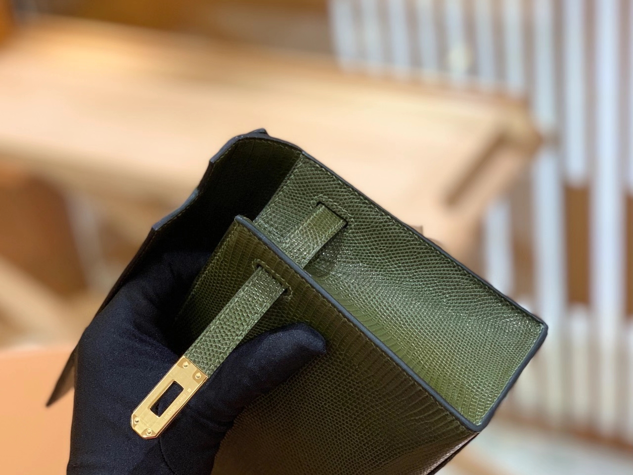 Hermès（爱马仕）Mini Kelly 22cm（迷你一代）南非野生蜥蜴皮 橄榄绿 金扣 原版蜜蜡线 顶级手工缝制