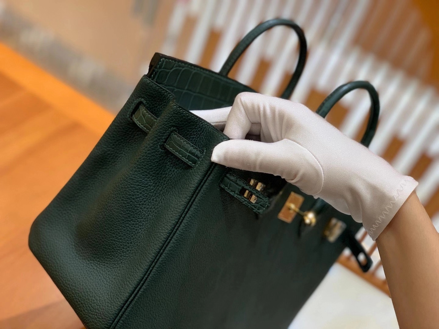 Hermès（爱马仕）Birkin Touch 25cm 松柏绿 金扣 一级鳄鱼皮拼Togo皮 原版蜜蜡线