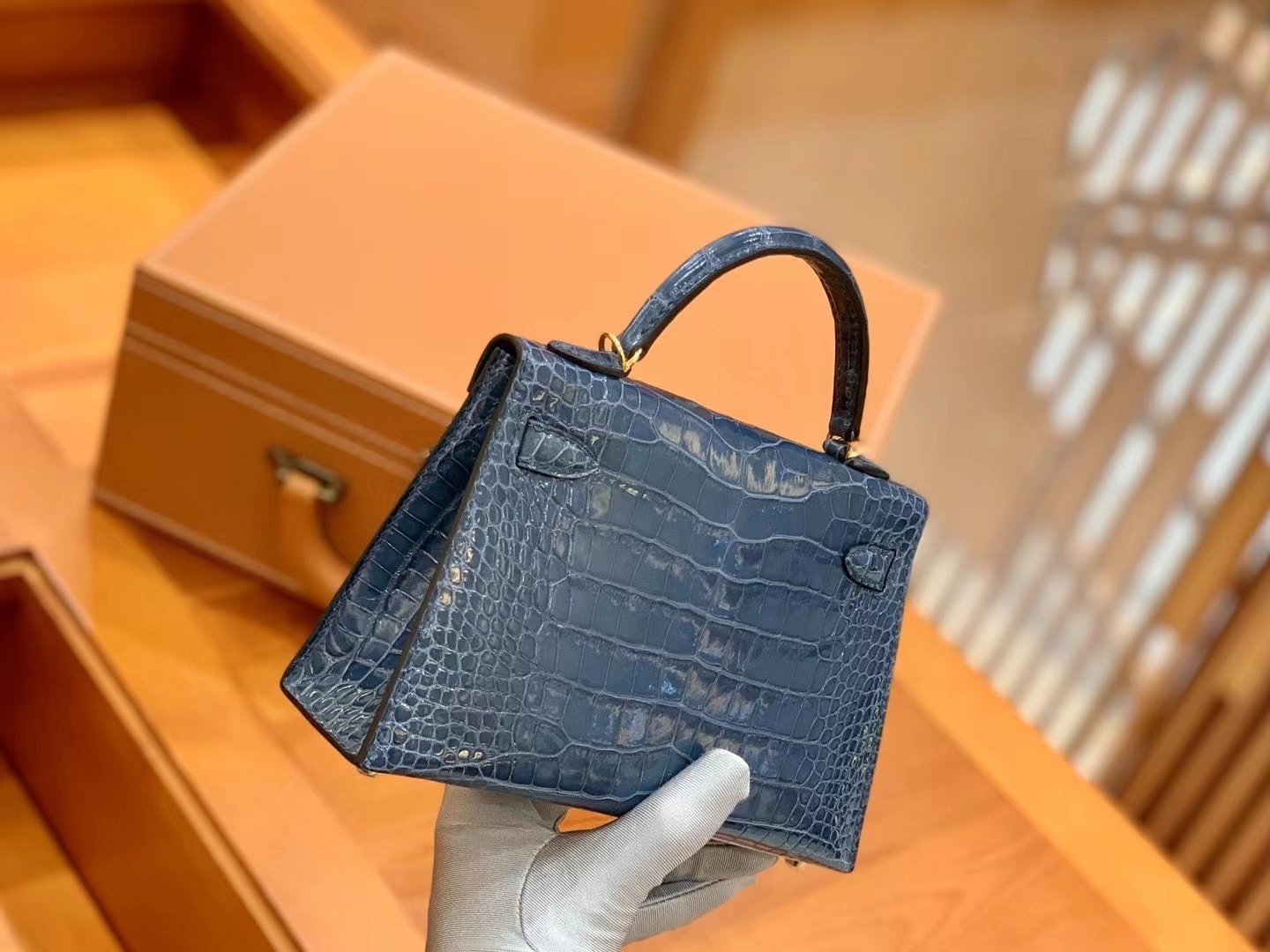 Hermès（爱马仕）Mini Kelly 二代 风暴蓝 金扣 一级美洲鳄鱼皮 原版蜜蜡线 顶级手缝版本