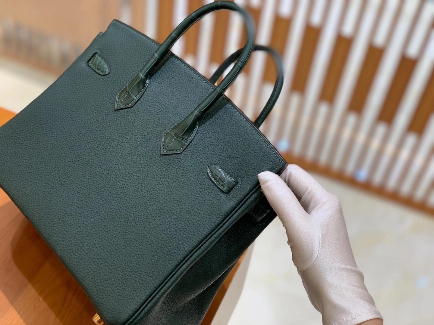 Hermès（爱马仕）Birkin Touch 25cm 松柏绿 金扣 一级鳄鱼皮拼Togo皮 原版蜜蜡线
