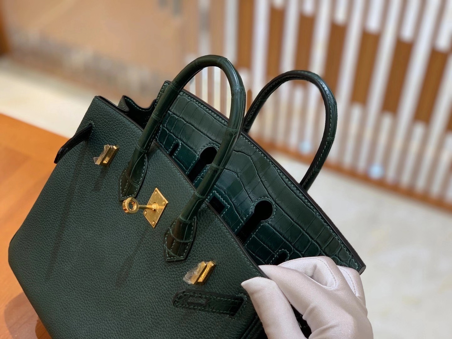 Hermès（爱马仕）Birkin Touch 25cm 松柏绿 金扣 一级鳄鱼皮拼Togo皮 原版蜜蜡线