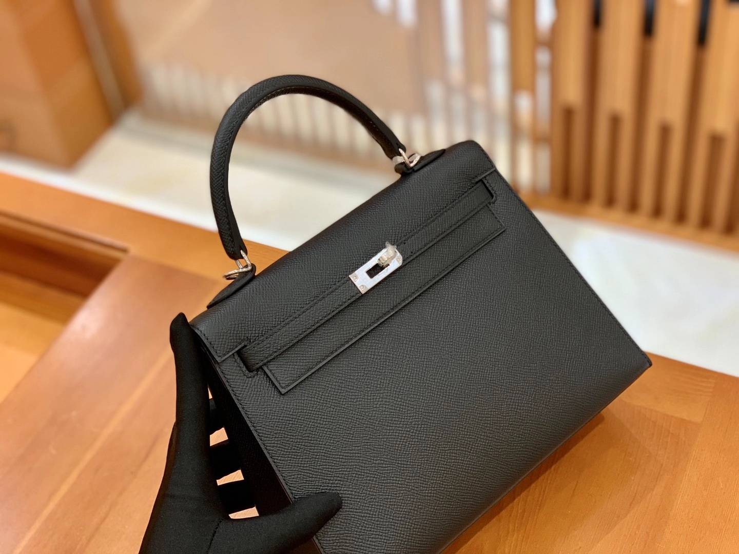 Hermès（爱马仕）Kelly 凯莉包 Epsom 牛皮 经典黑 银扣 25cm 原版蜜蜡线 顶级手缝
