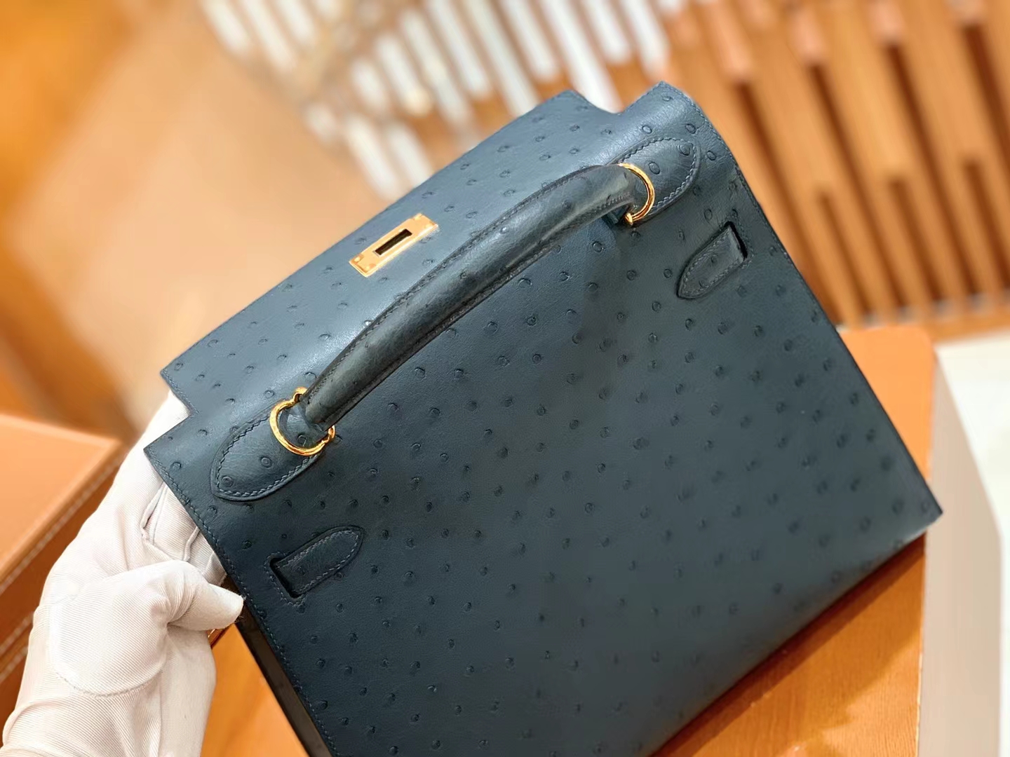 Hermès（爱马仕）Kelly 凯莉包 海峡绿 南非KK级鸵鸟皮 金扣 28cm 原版蜜蜡线 顶级手缝