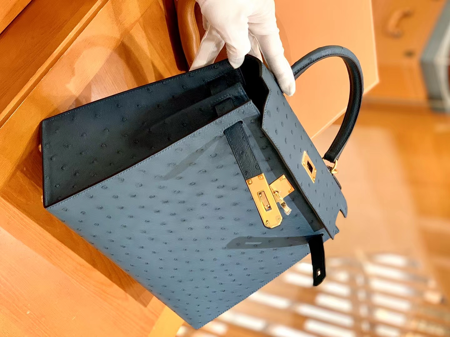 Hermès（爱马仕）Kelly 凯莉包 海峡绿 南非KK级鸵鸟皮 金扣 28cm 原版蜜蜡线 顶级手缝