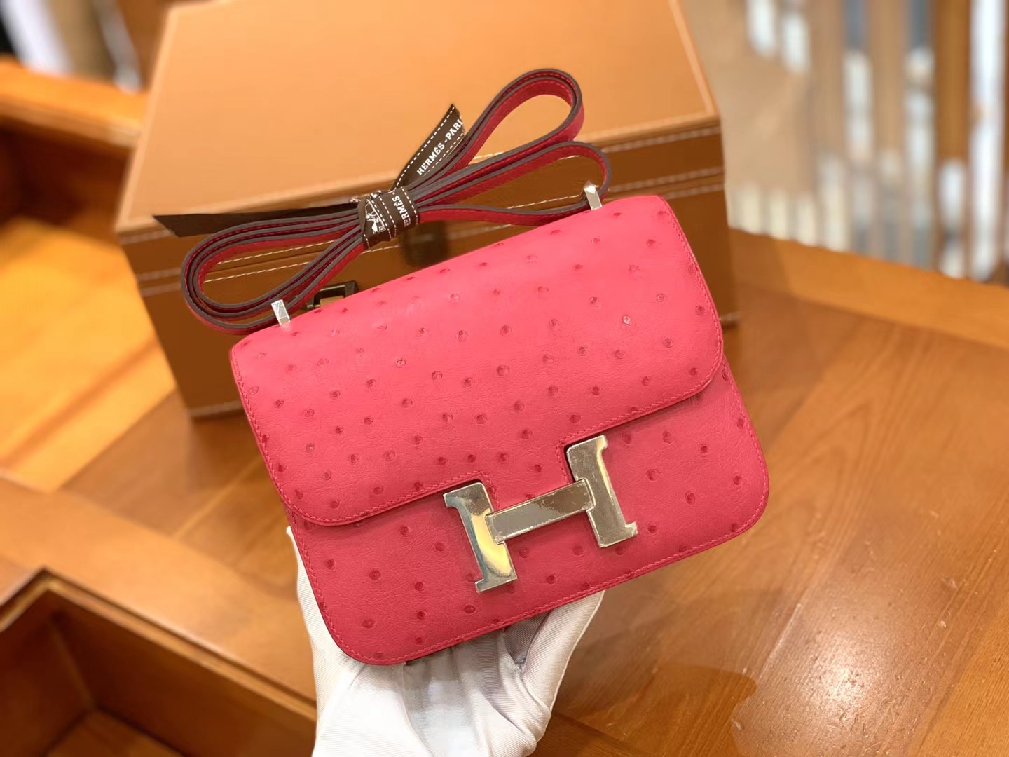 Hermès（爱马仕）Constance 康斯坦斯 极致粉 南非KK级鸵鸟皮 银扣 19cm 原版蜜蜡线 顶级手缝
