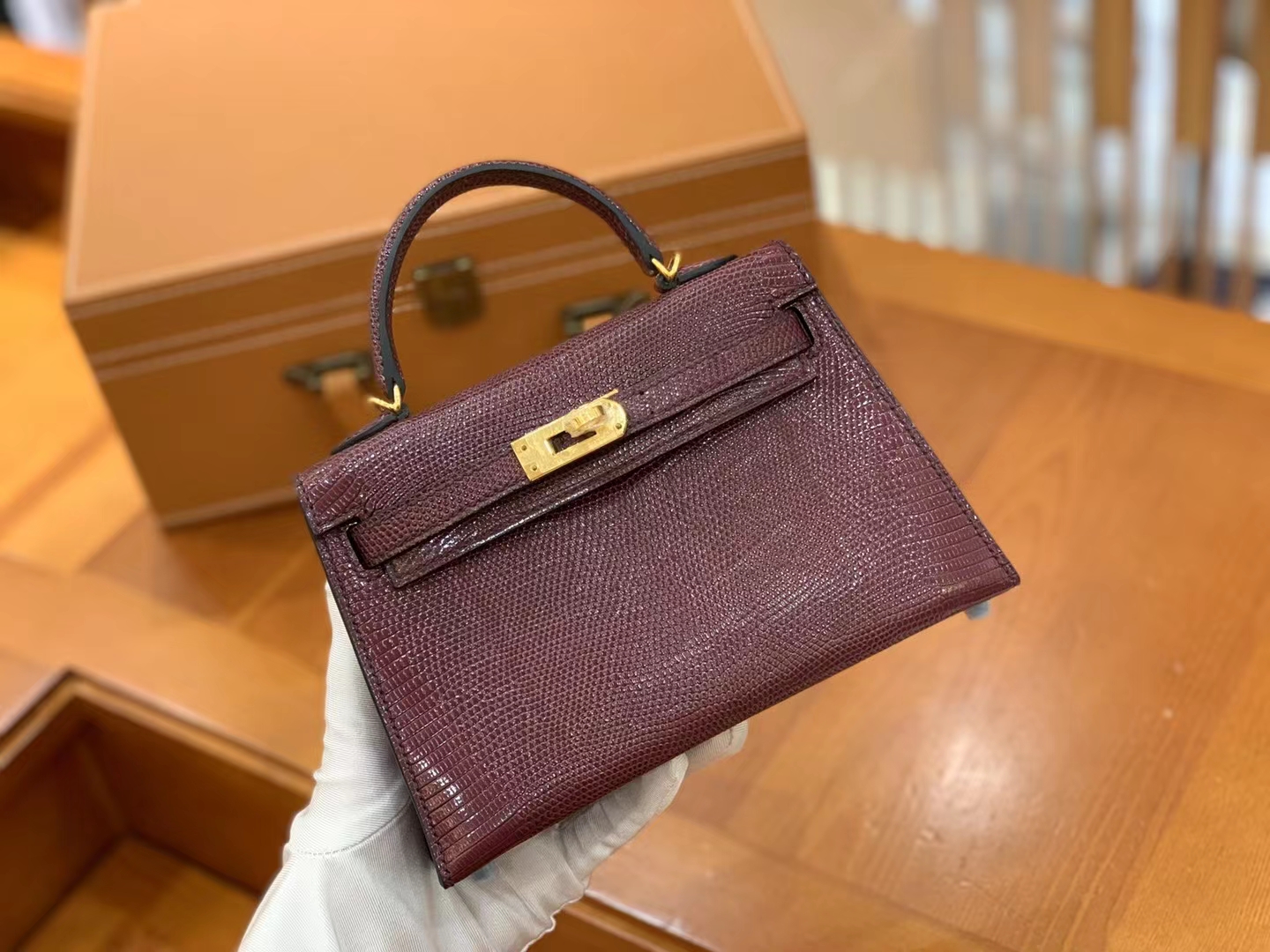Hermès（爱马仕）Mini Kelly 迷你凯莉 波尔多酒红 南非野生蜥蜴皮 金扣 二代 法国原版蜡线 顶级手缝