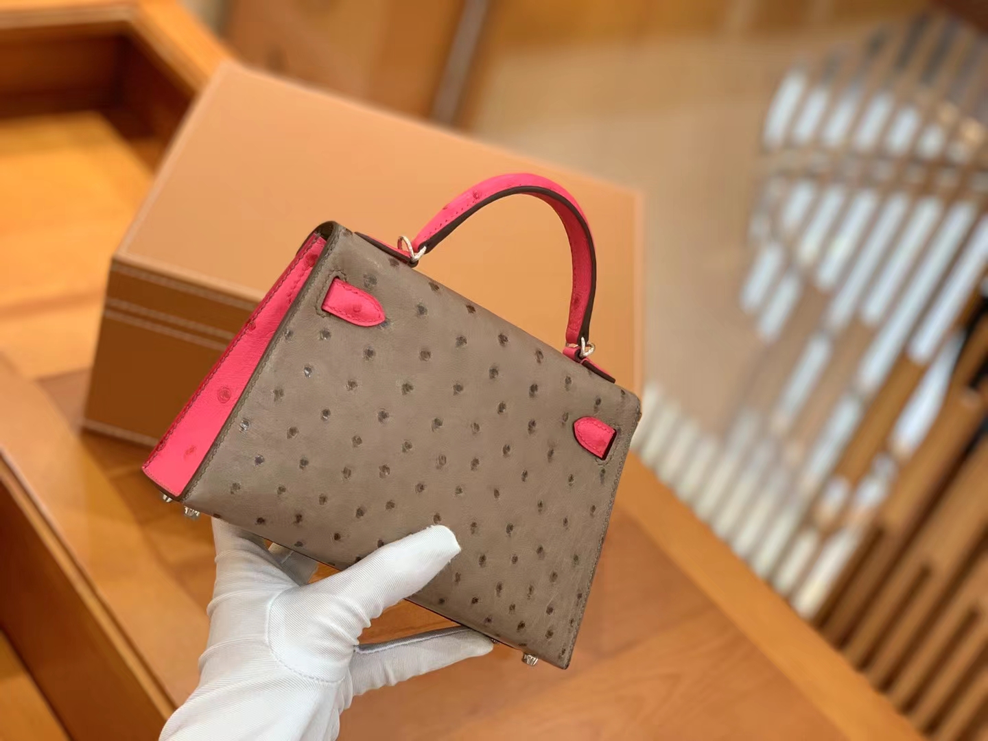 Hermès（爱马仕）Mini Kelly 迷你凯莉 大象灰拼糖果粉 南非KK级鸵鸟皮 银扣 二代 法国原版蜡线 顶级手缝