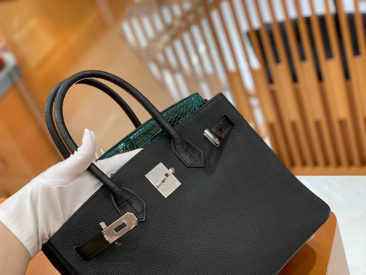 Hermès（爱马仕）Birkin Touch 祖母绿拼黑色 尼罗鳄拼Togo皮 银扣 30cm 原版蜜蜡线 顶级手缝